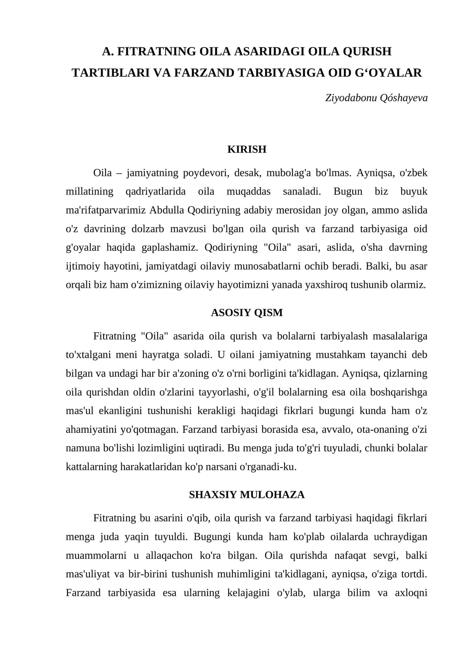 A. FITRATNING OILA ASARIDAGI OILA QURISH TARTIBLARI VA FARZAND TARBIYASIGA OID GʻOYALAR