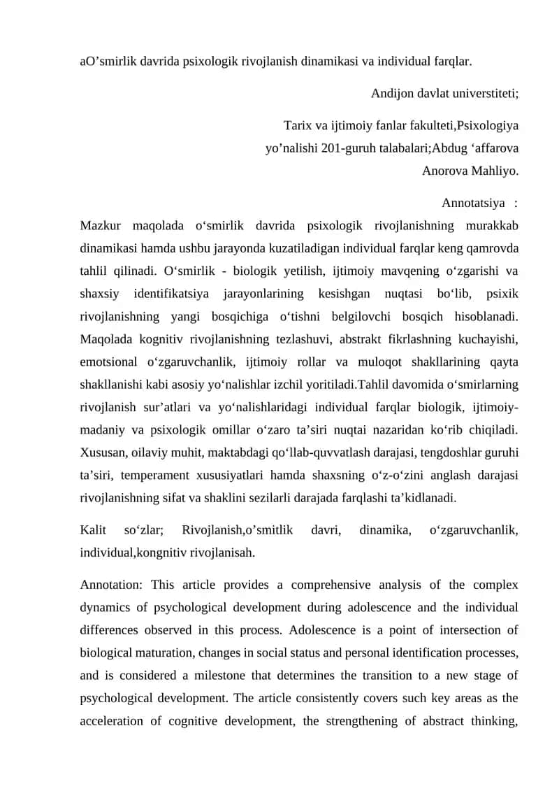 Psixologik rivojlanishning dinamikasi va individual farqlar