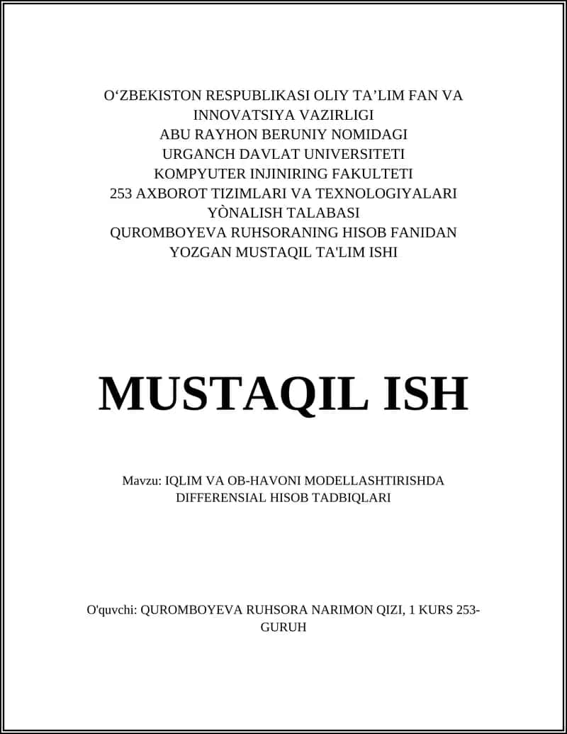 IQLIM VA OB-HAVONI MODELLASHTIRISHDA DIFFERENSIAL HISOB TADBIQLARI
