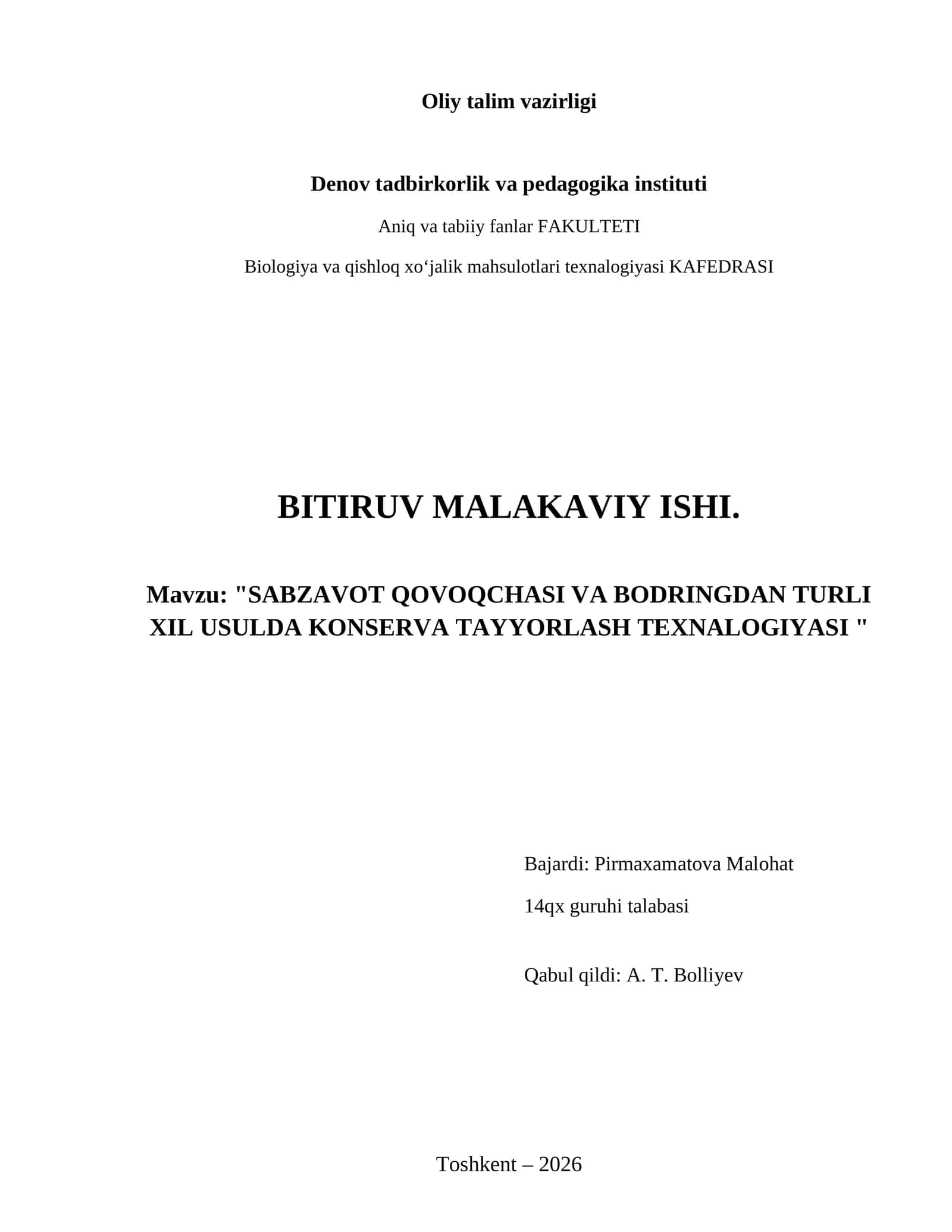 Sabzavot qovoqchasi va bodringdan turli xil usulda konserva tayyorlash texnalogiyasi