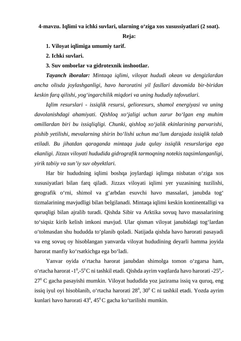 Iqlim va ichki suvlari