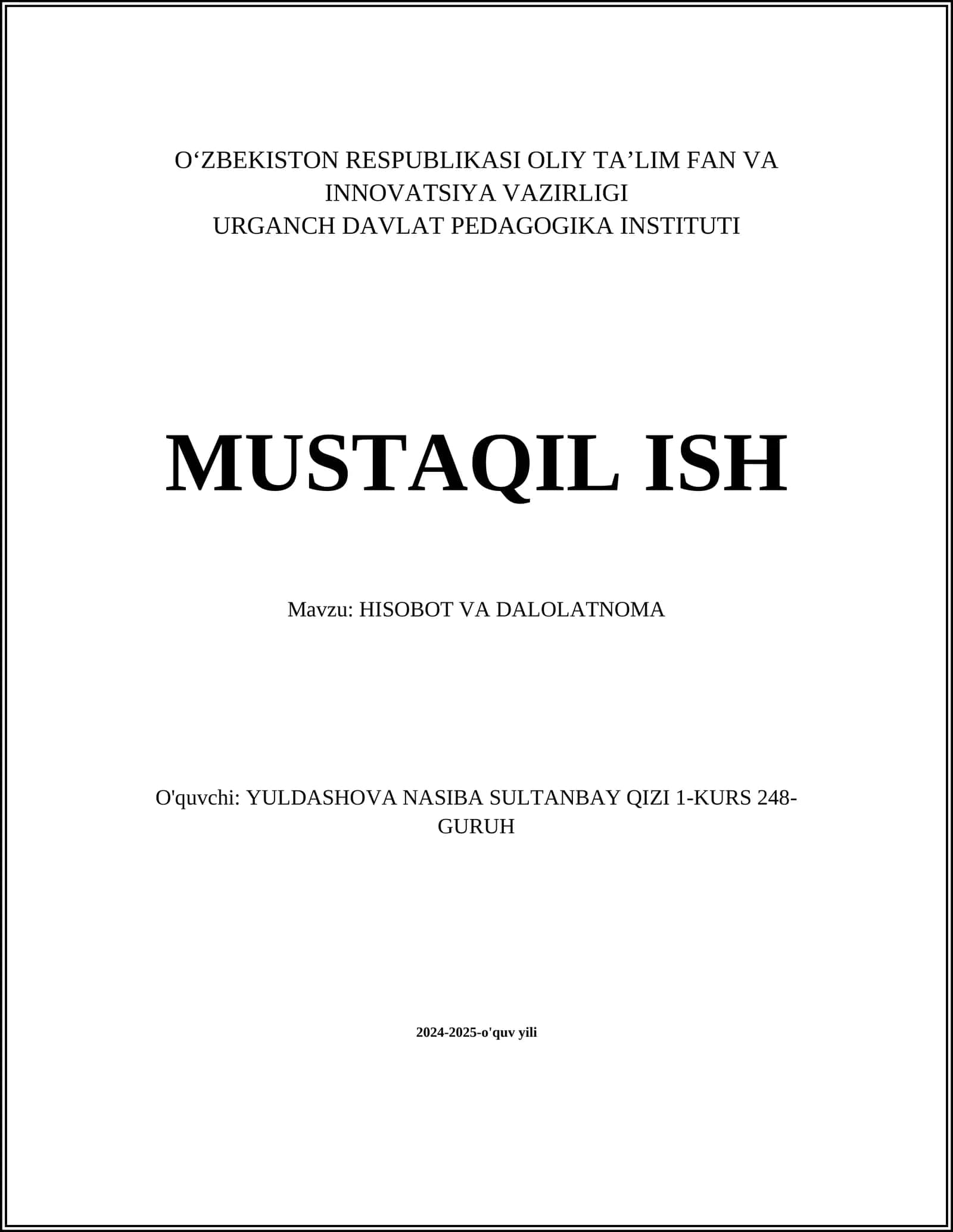 HISOBOT VA DALOLATNOMA
