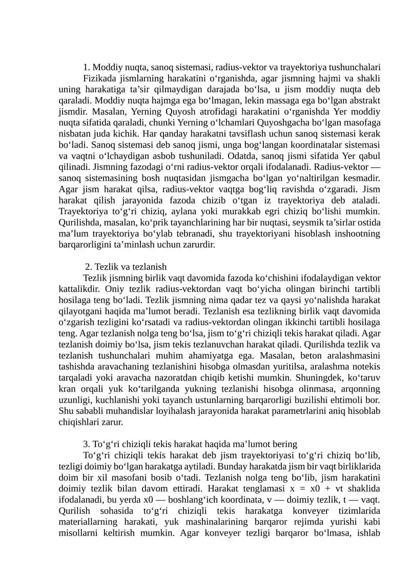 Moddiy nuqta, sanoq sistemasi, radius-vektor va trayektoriya tushunchalari