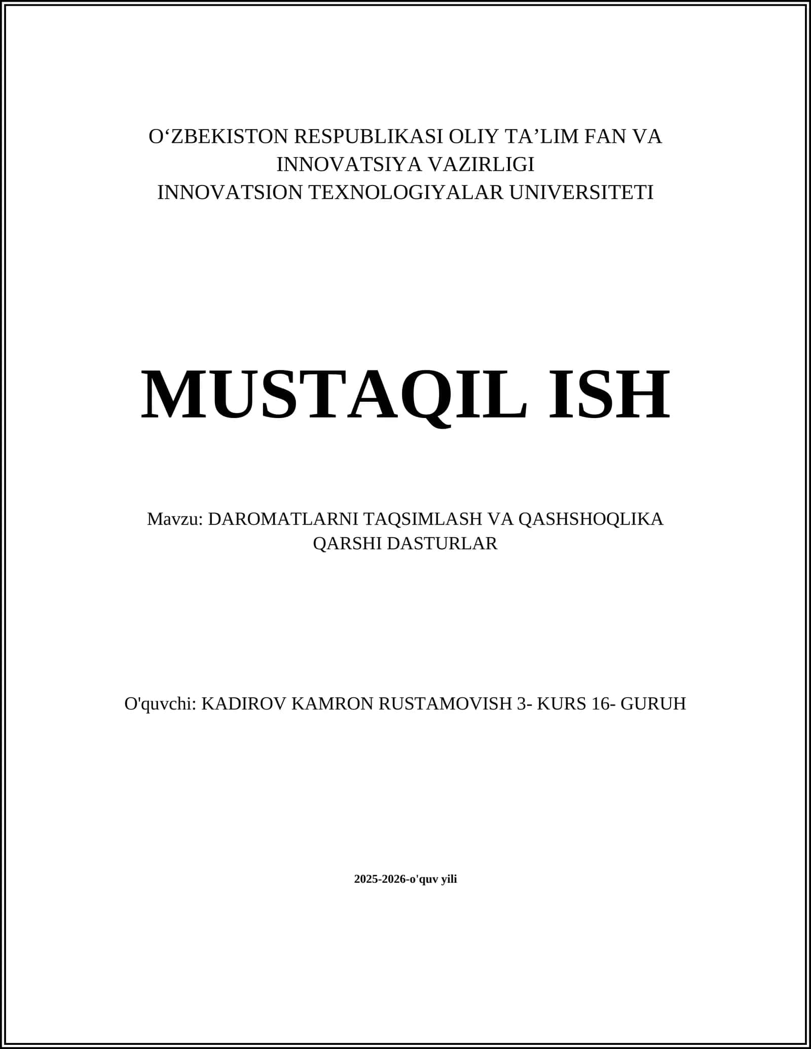 DAROMATLARNI TAQSIMLASH VA QASHSHOQLIKA QARSHI DASTURLAR