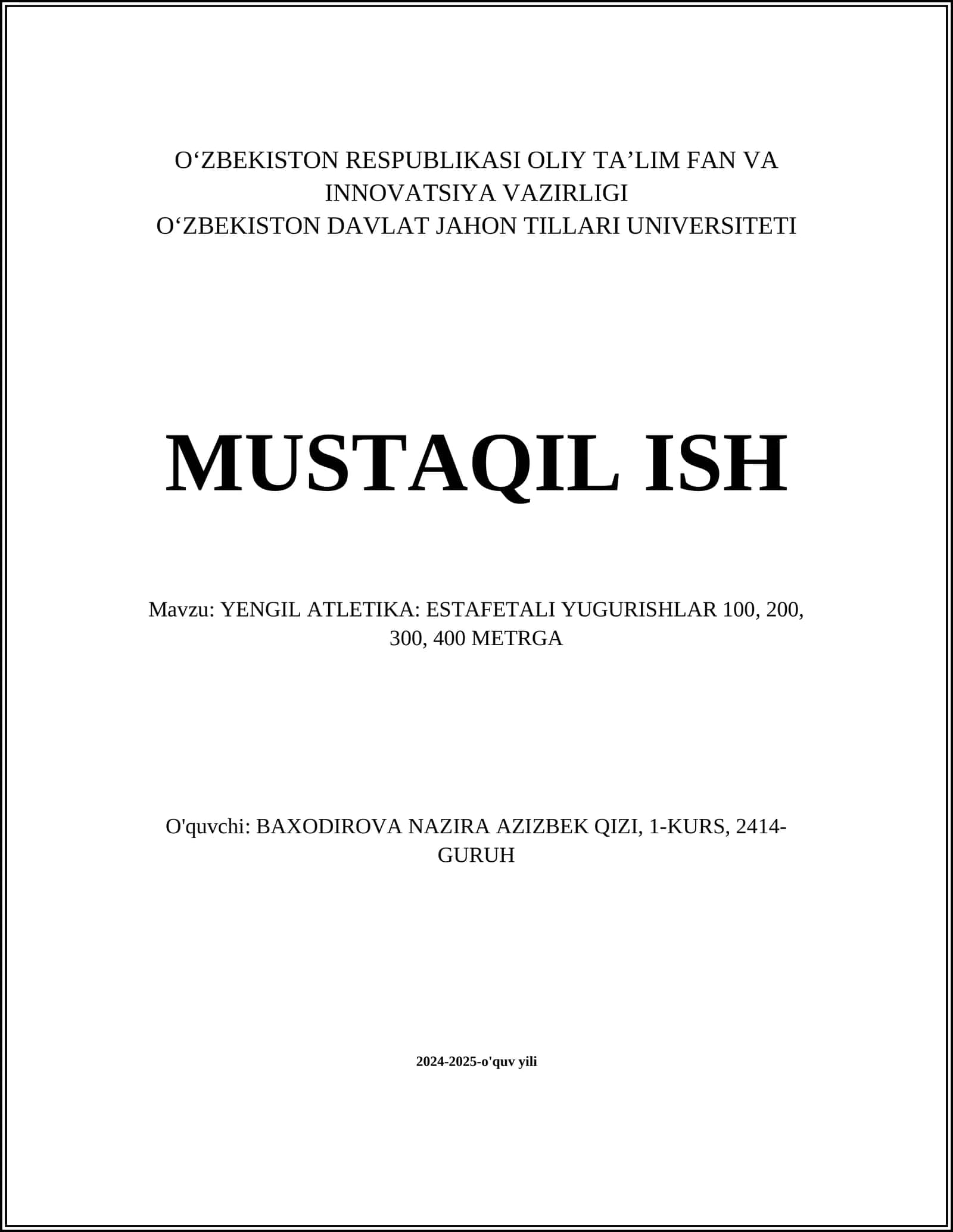 YENGIL ATLETIKA: ESTAFETALI YUGURISHLAR 100, 200, 300, 400 METRGA