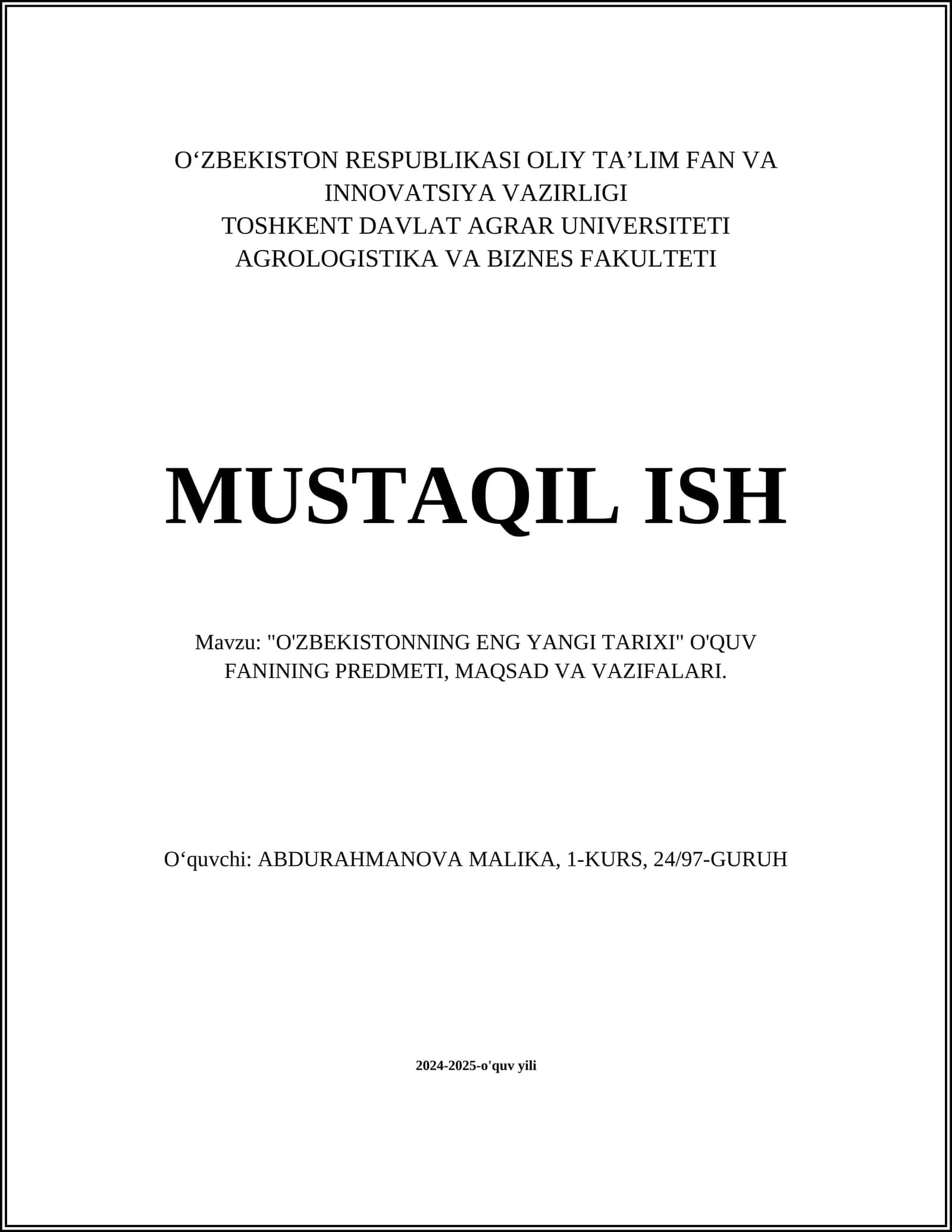 "O'ZBEKISTONNING ENG YANGI TARIXI" O'QUV FANINING PREDMETI, MAQSAD VA VAZIFALARI