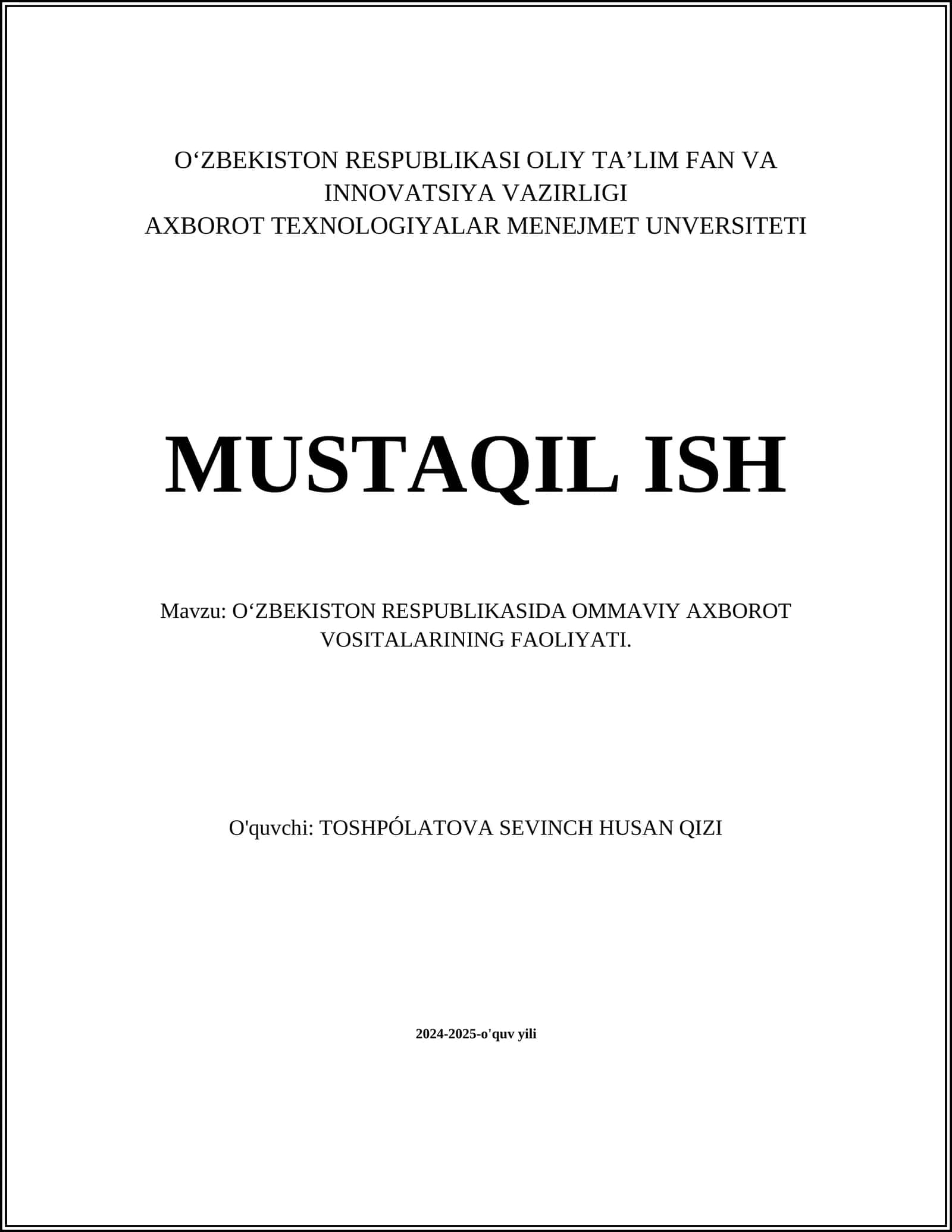 O‘ZBEKISTON RESPUBLIKASIDA OMMAVIY AXBOROT VOSITALARINING FAOLIYATI