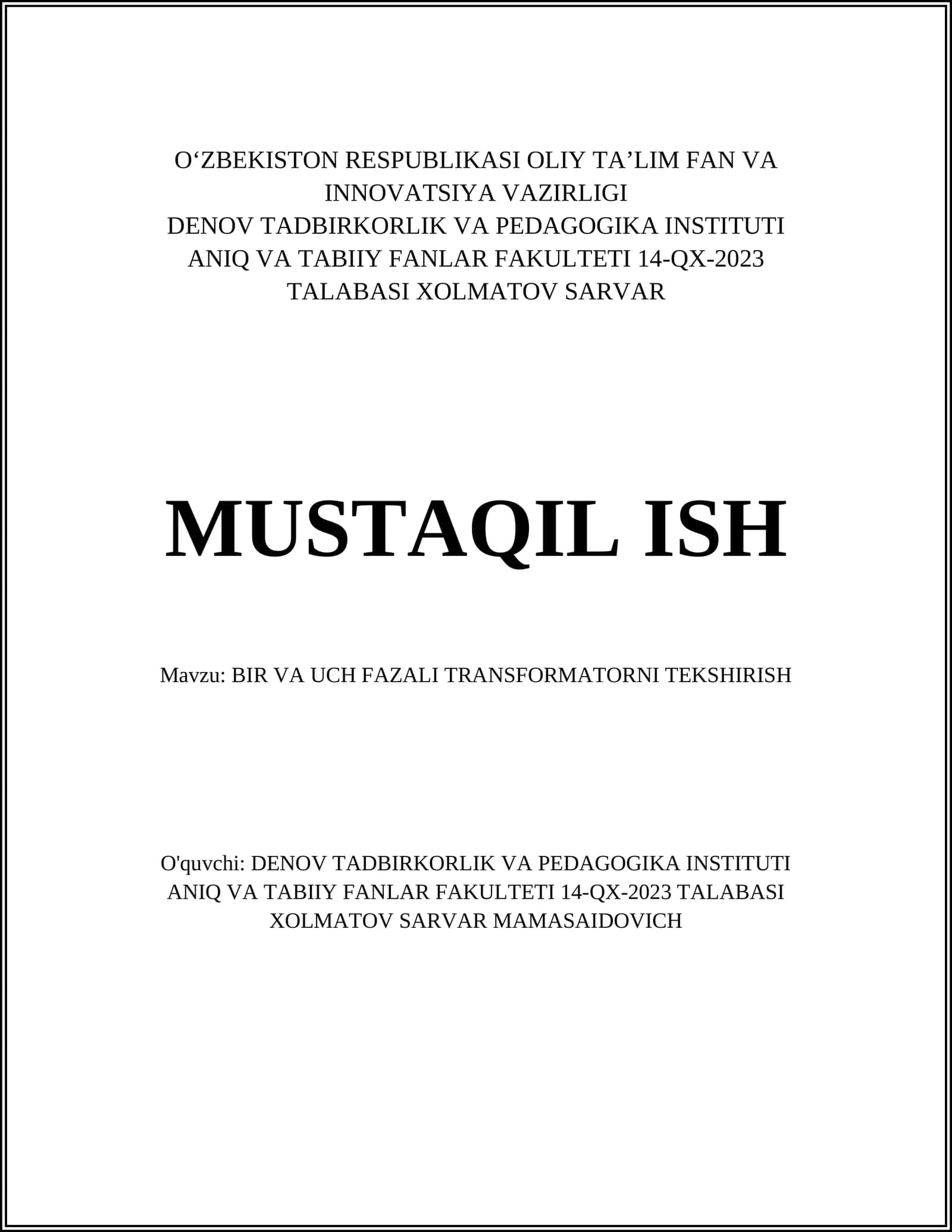 BIR VA UCH FAZALI TRANSFORMATORNI TEKSHIRISH