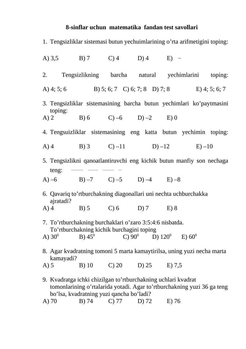 8-sinflar uchun matematika fandan test savollari