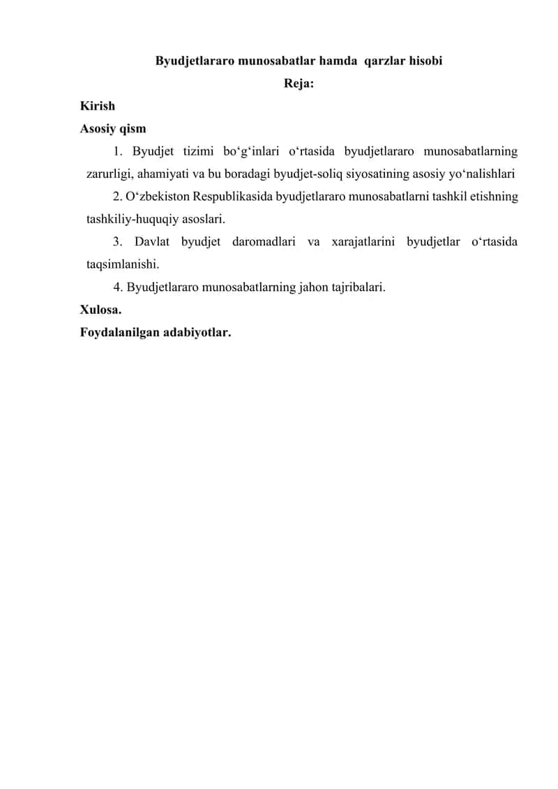 Byudjetlararo munosabatlar hamda qarzlar hisobi
