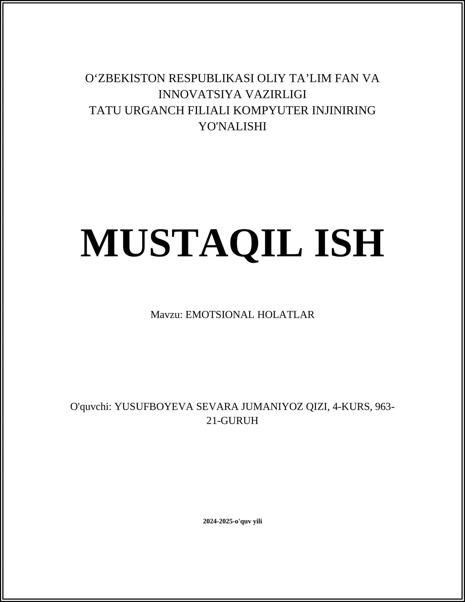 MUSTAQIL ISH Mavzu: EMOTSIONAL HOLATLAR