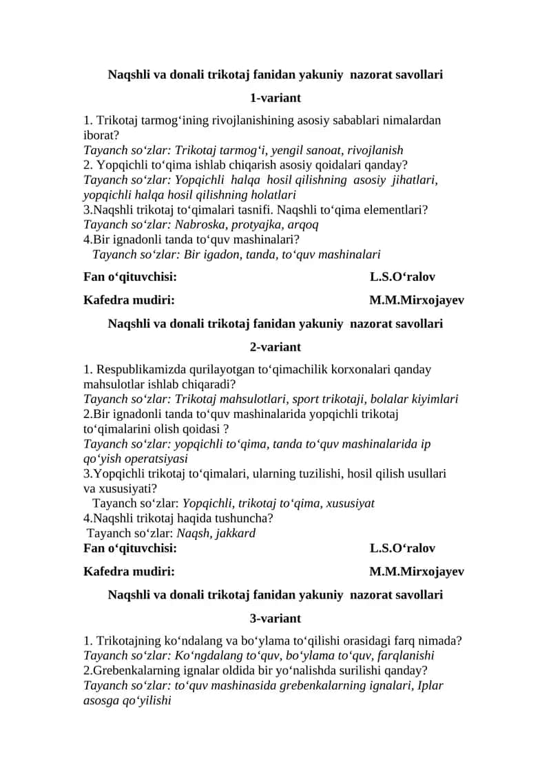 Naqshli va donali trikotaj fanidan yakuniy nazorat savollari