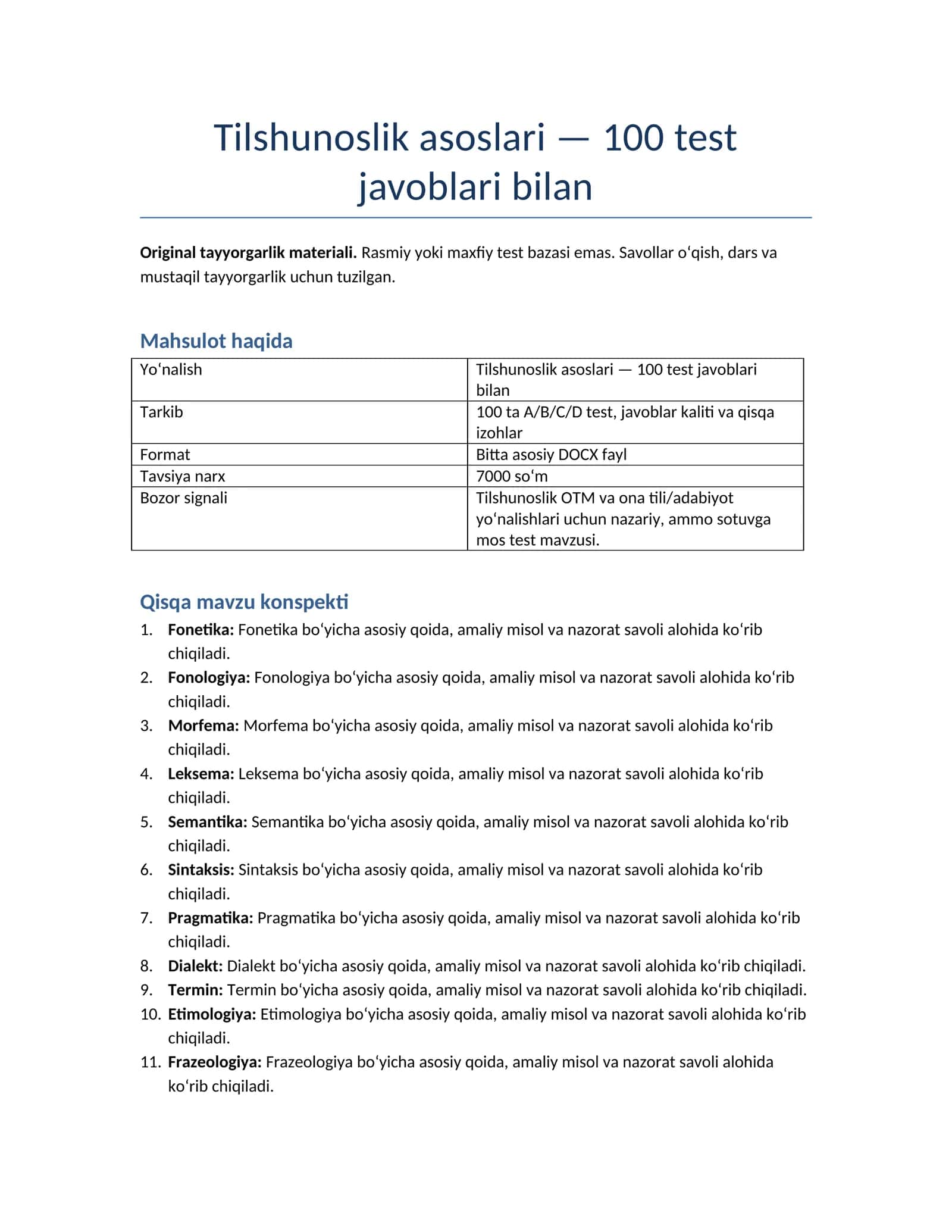 Tilshunoslik asoslari — 100 test javoblari bilan