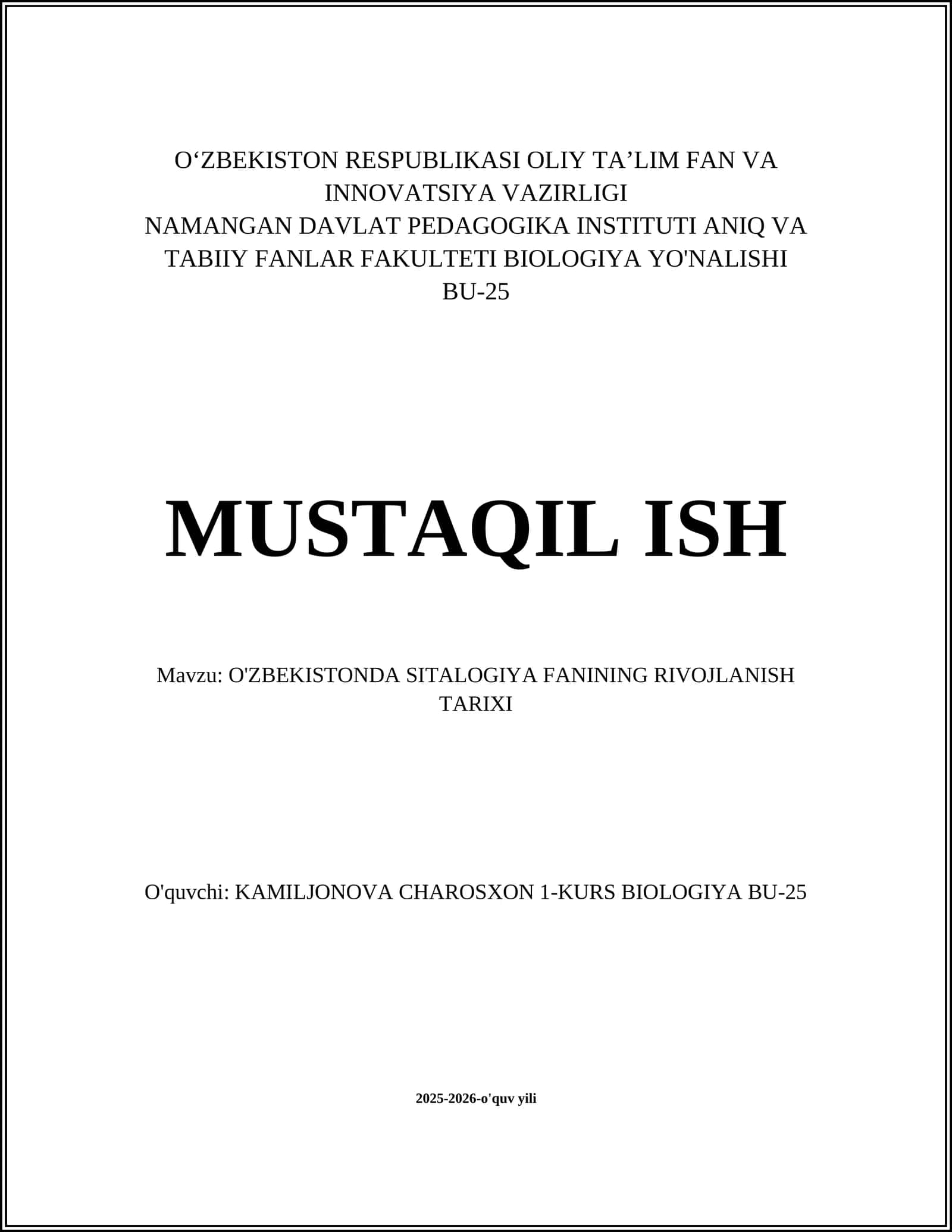 O'ZBEKISTONDA SITALOGIYA FANINING RIVOJLANISH TARIXI