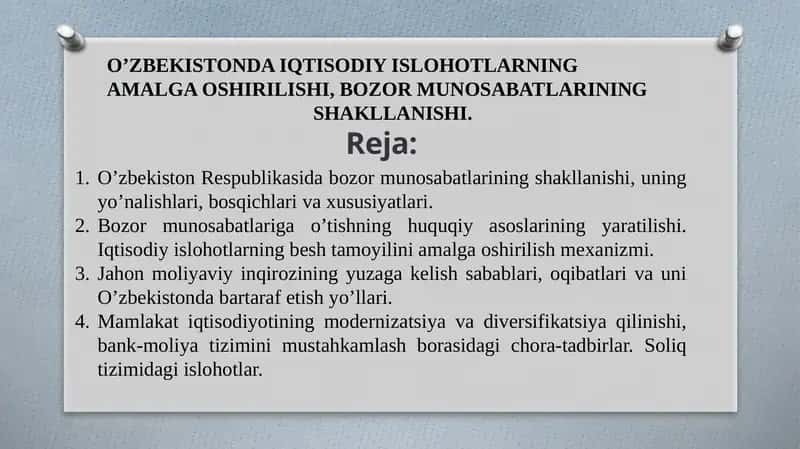 O’ZBEKISTONDA IQTISODIY ISLOHOTLAR