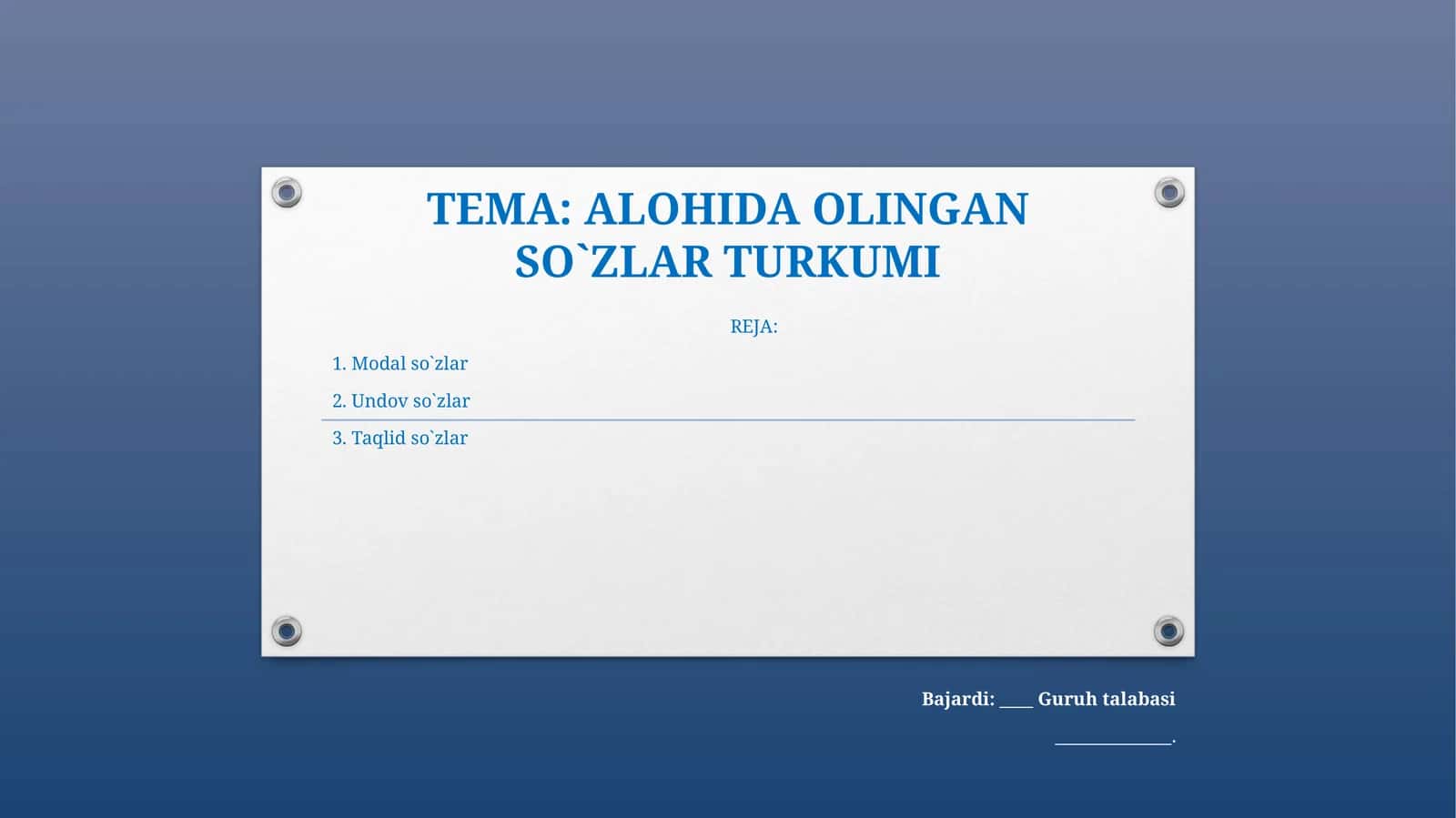 ALOHIDA OLINGAN SO`ZLAR TURKUMI