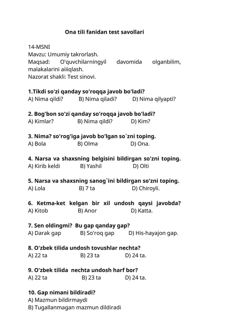 Ona tili fanidan test savollari