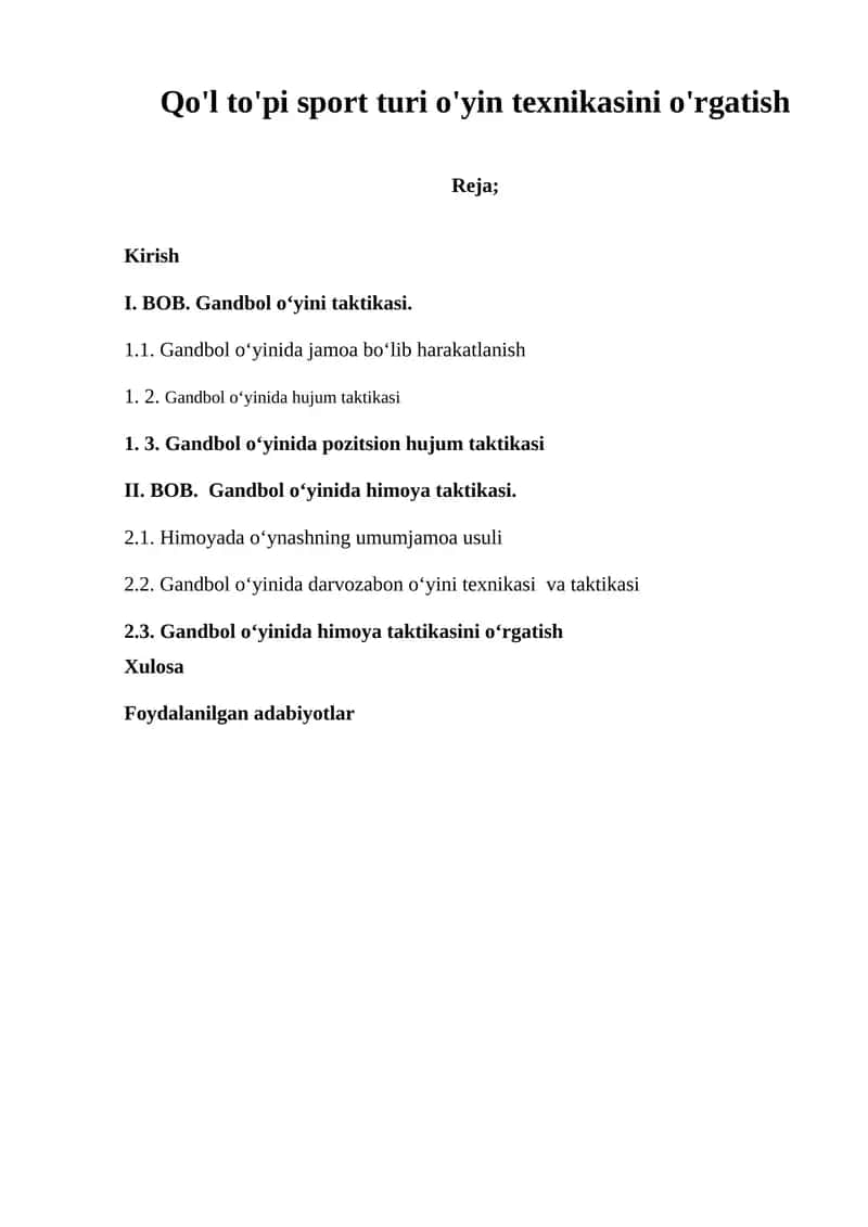 Qo'l to'pi sport turi o'yin texnikasini o'rgatish