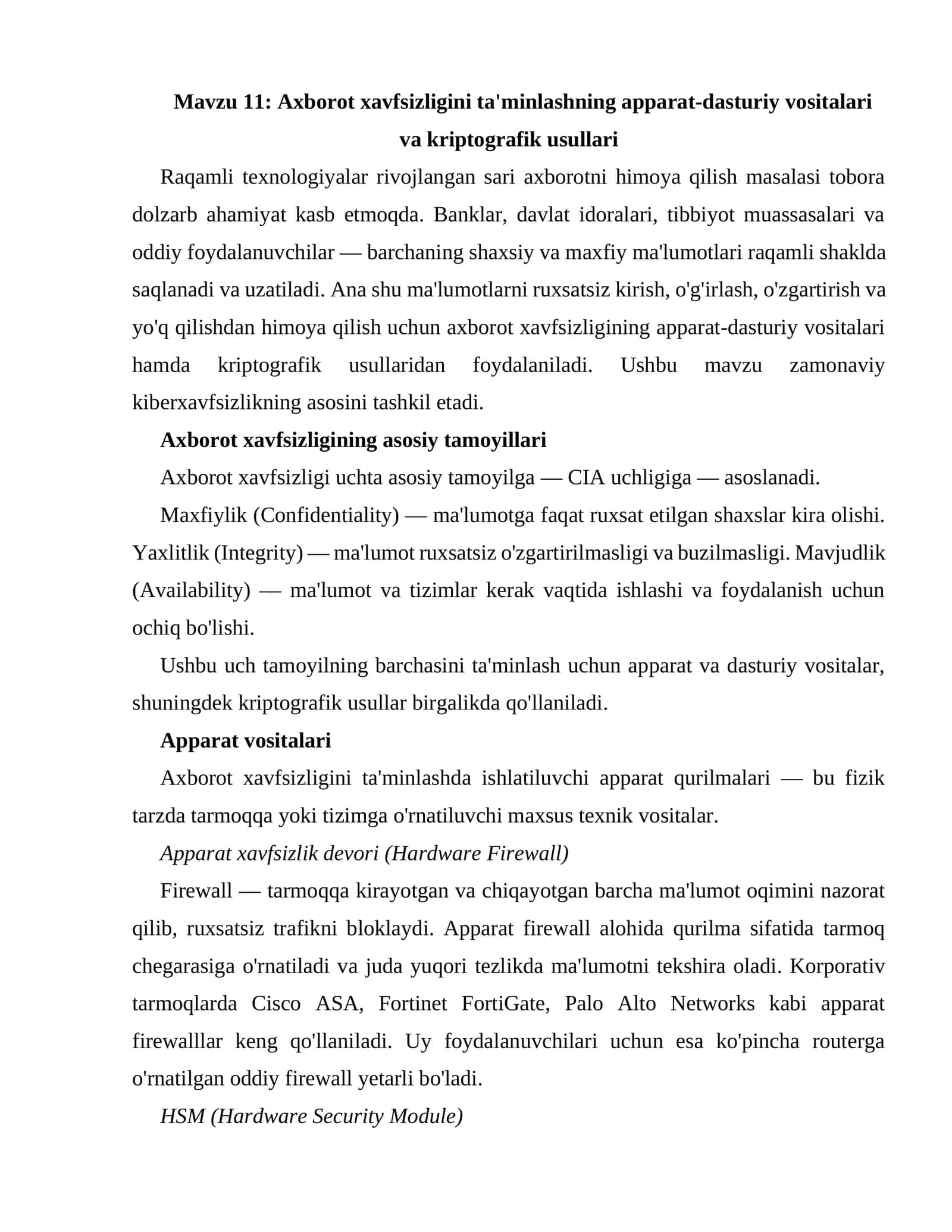 Axborot xavfsizligini ta'minlashning apparat-dasturiy vositalari va kriptografik usullari