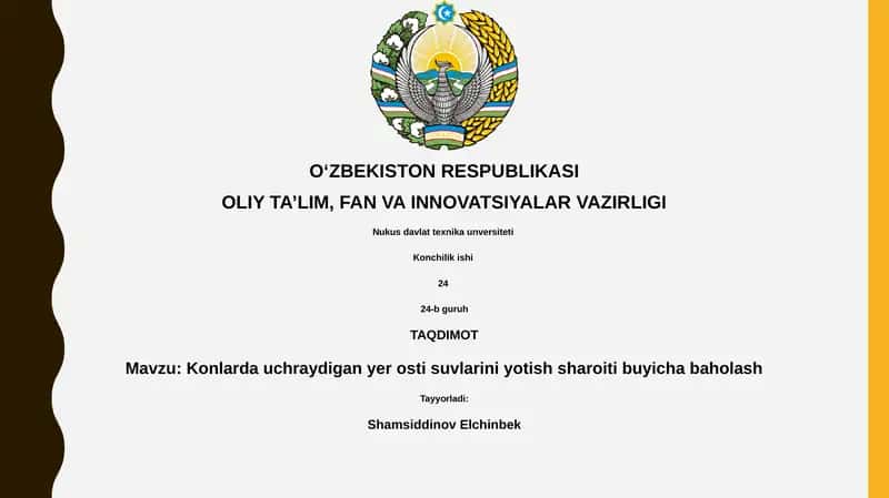 Konlarda uchraydigan yer osti suvlarini yotish sharoiti buyicha baholash