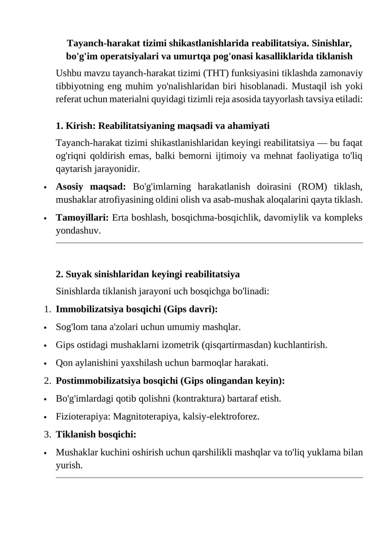 Tayanch-harakat tizimi shikastlanishlarida reabilitatsiya. Sinishlar, bo'g'im operatsiyalari va umurtqa pog'onasi kasalliklarida tiklanish