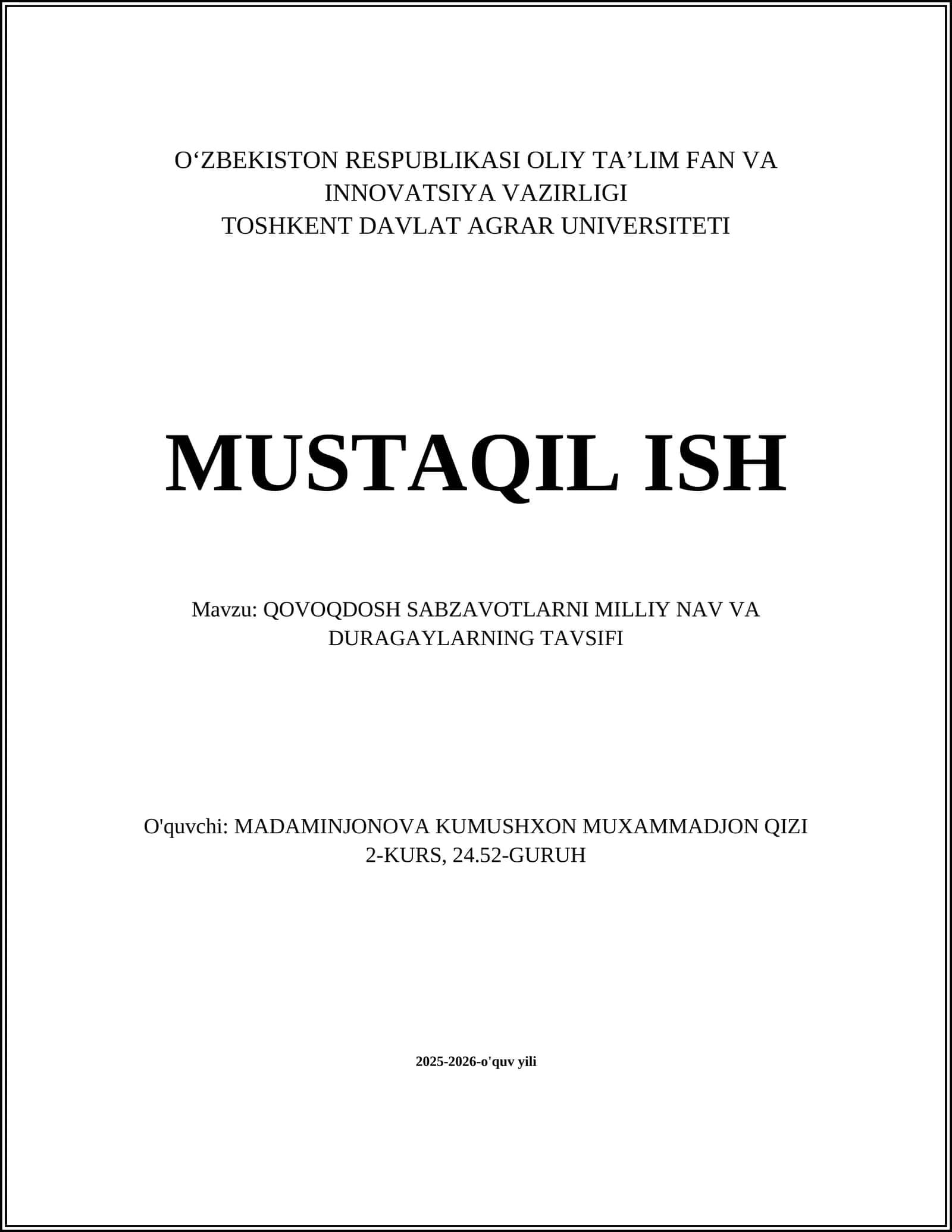 QOVOQDOSH SABZAVOTLARNI MILLIY NAV VA DURAGAYLARNING TAVSIFI