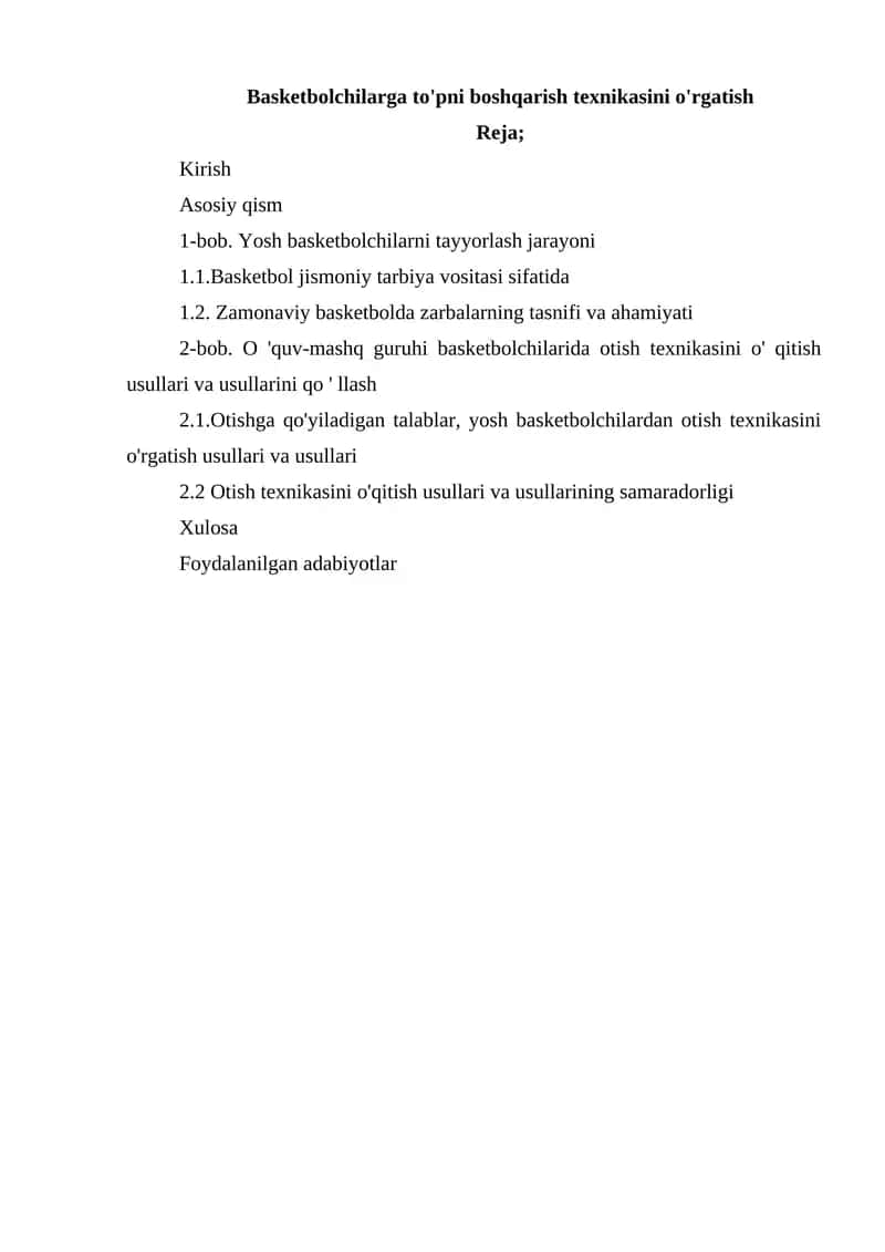 Basketbolchilarga to'pni boshqarish texnikasini o'rgatish
