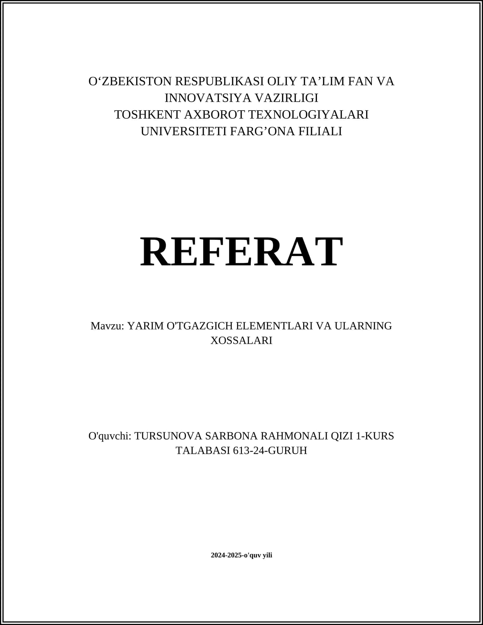 YARIM O'TGAZGICH ELEMENTLARI VA ULARNING XOSSALARI