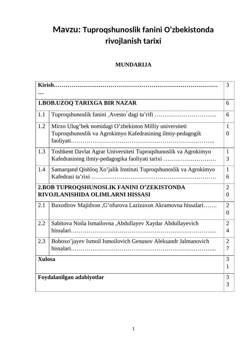 Tuproqshunoslik fanini O’zbekistonda rivojlanish tarixi