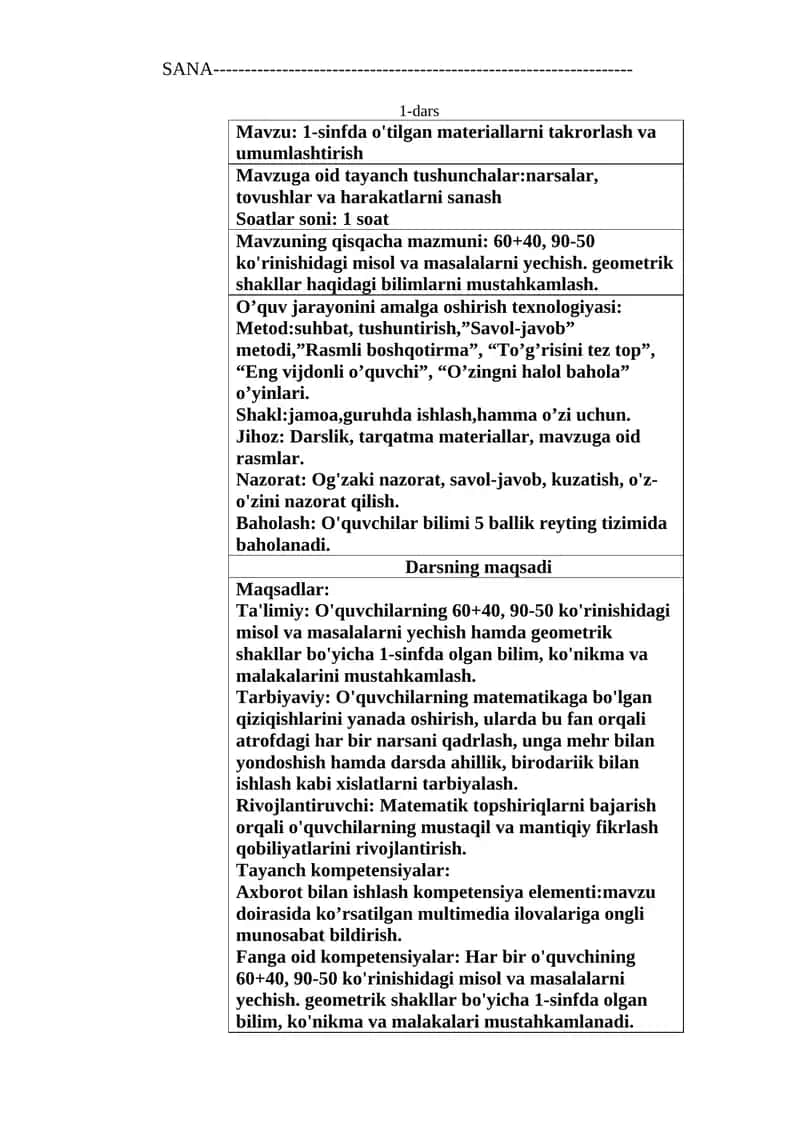 1-sinfda o'tilgan materiallarni takrorlash va umumlashtirish