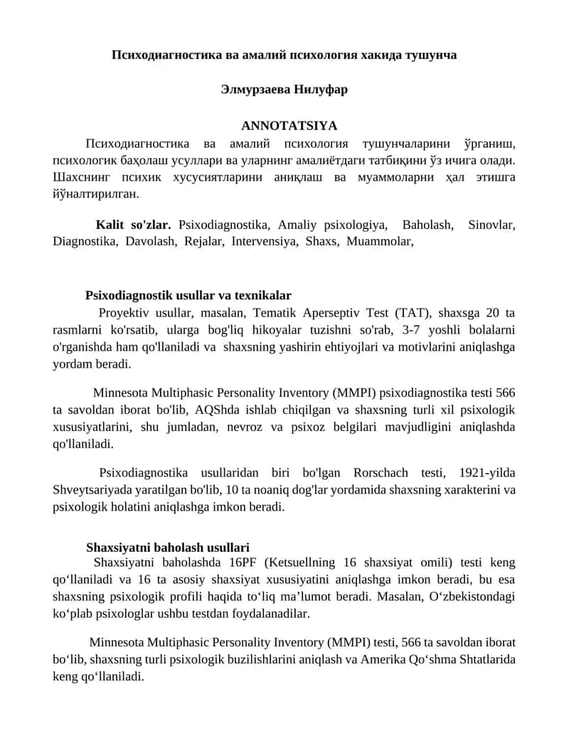 Психодиагностика ва амалий психология хакида тушунча