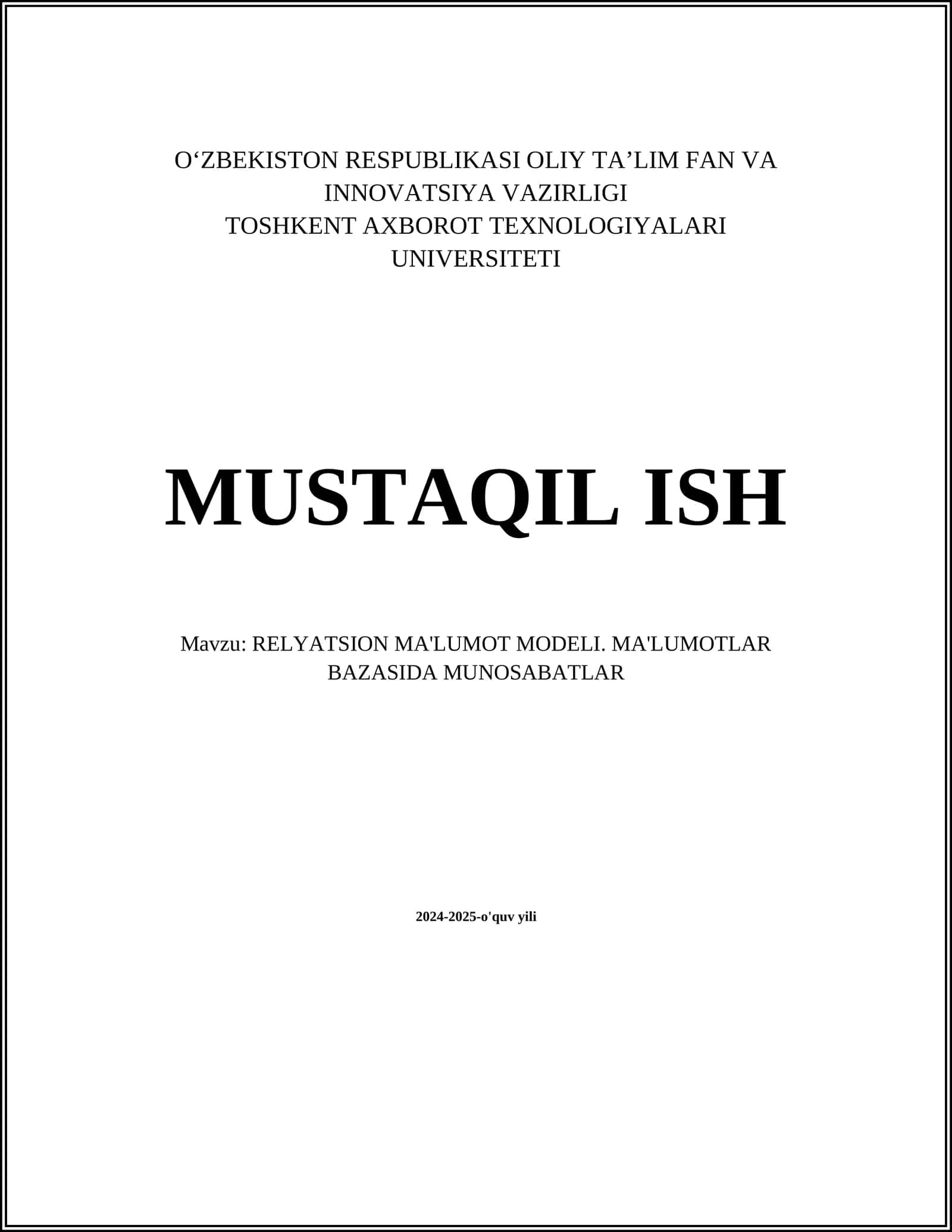 RELYATSION MA'LUMOT MODELI. MA'LUMOTLAR BAZASIDA MUNOSABATLAR