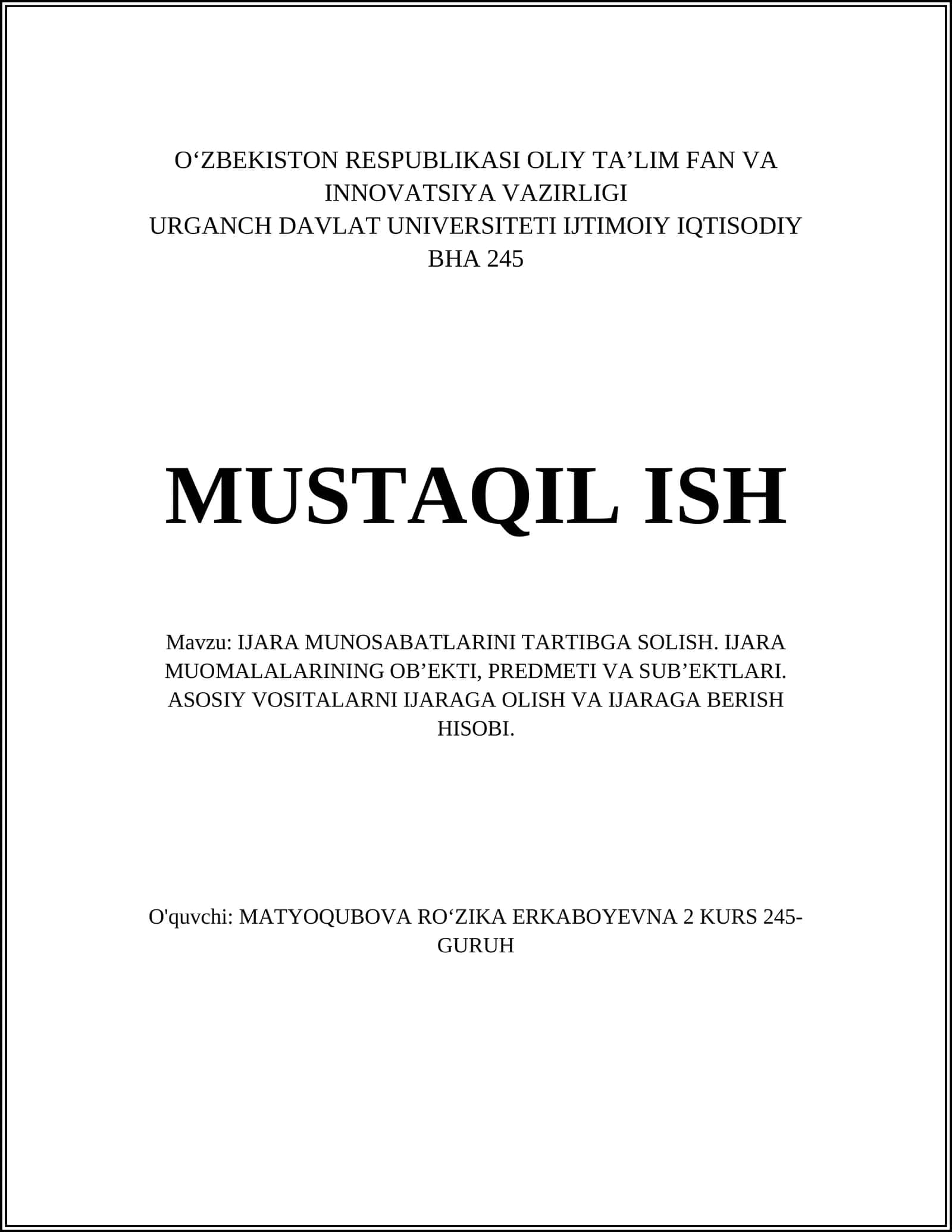 IJARA MUNOSABATLARINI TARTIBGA SOLISH