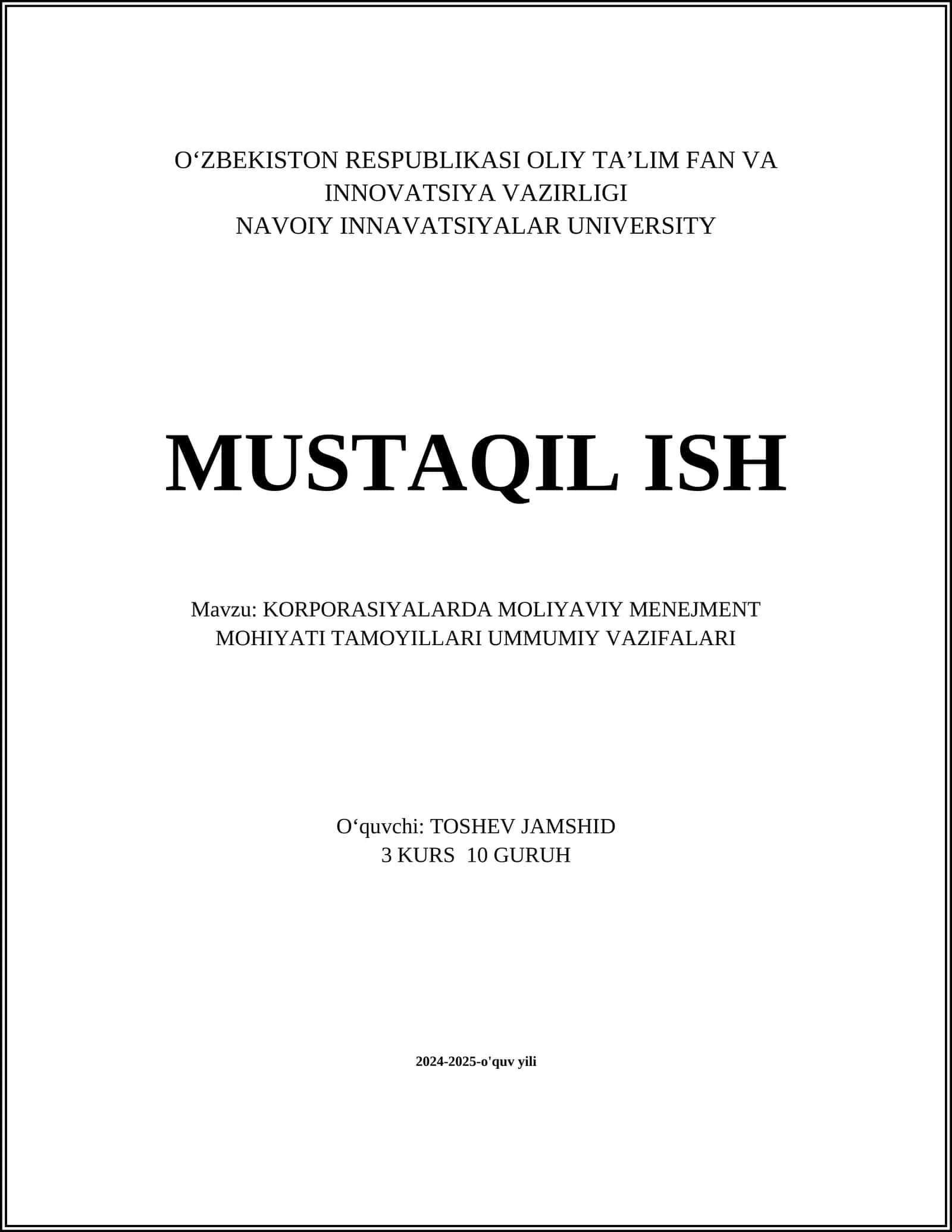 KORPORATSIYALARDA MOLIYAVIY MENEJMENT MOHIYATI TAMOYILLARI UMMUMIY VAZIFALARI