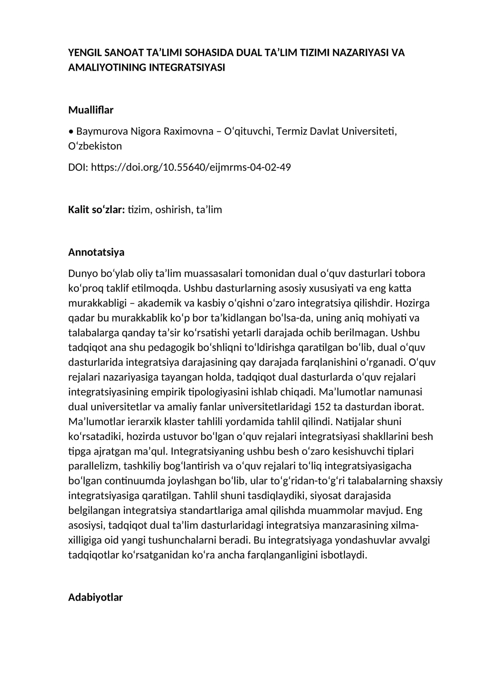 YENGIL SANOAT TA’LIMI SOHASIDA DUAL TA’LIM TIZIMI NAZARIYASI VA AMALIYOTINING INTEGRATSIYASI