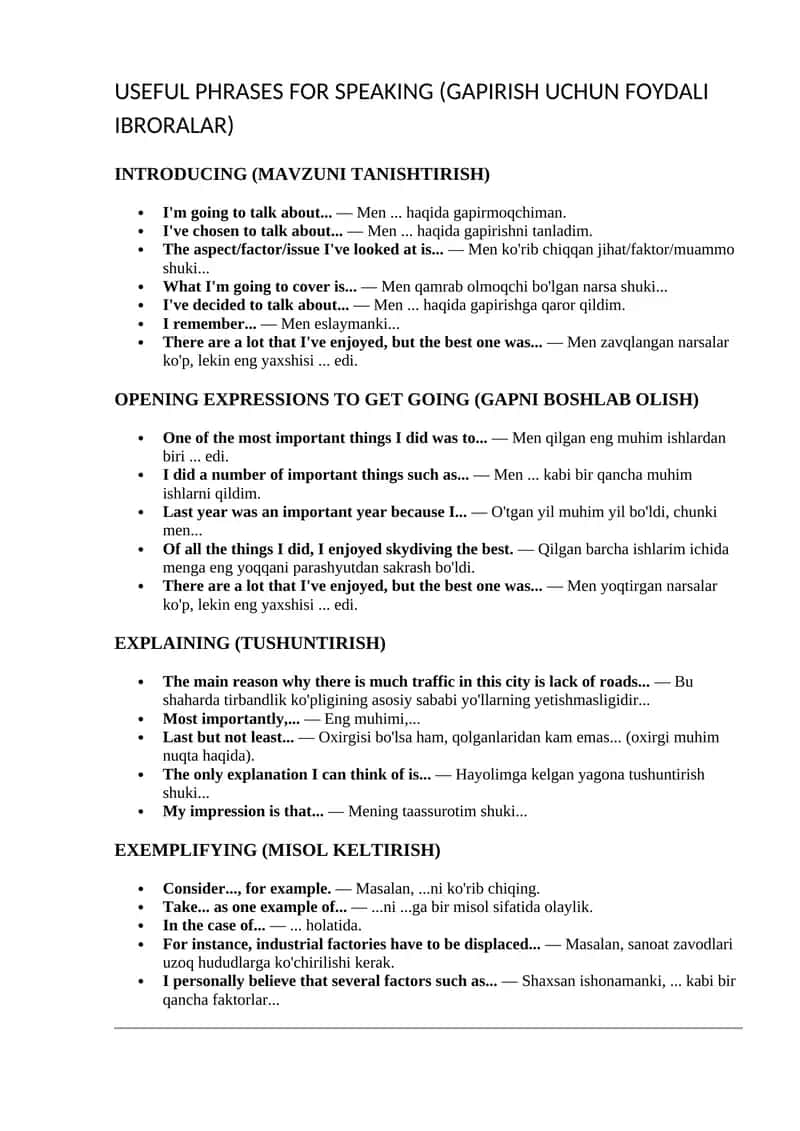 USEFUL PHRASES FOR SPEAKING IELTS da kerak boladigan rrazalar oling afsuslanmaysiz