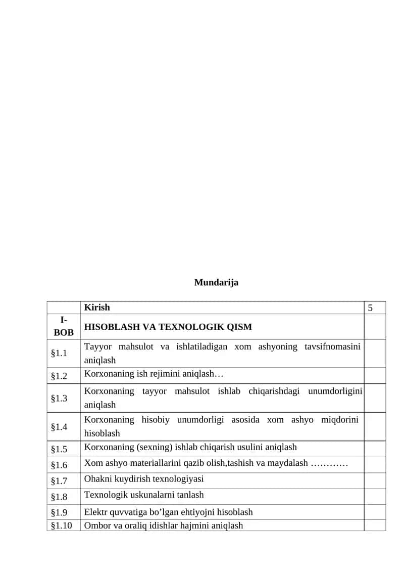 Ohak ishlab chiqarish sexini loyihalash mahsuldorlik 650 ming tonna tushuntirish matni oxak