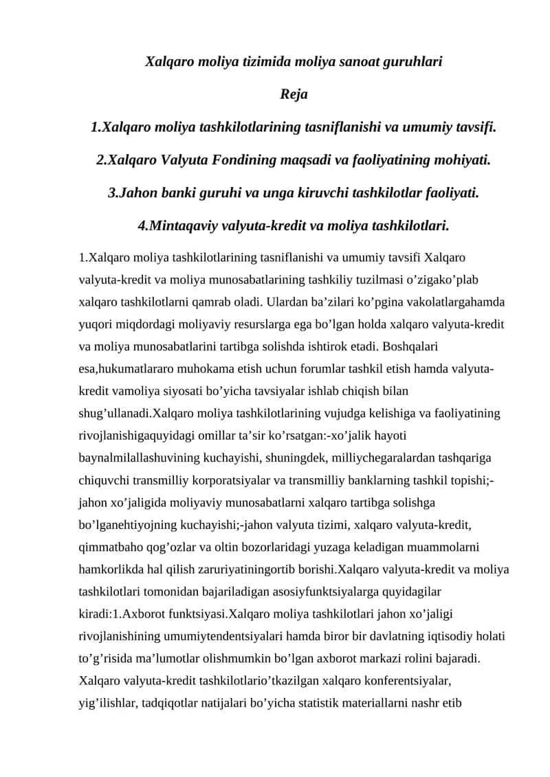 Xalqaro moliya tashkilotlarining tasniflanishi va umumiy tavsifi