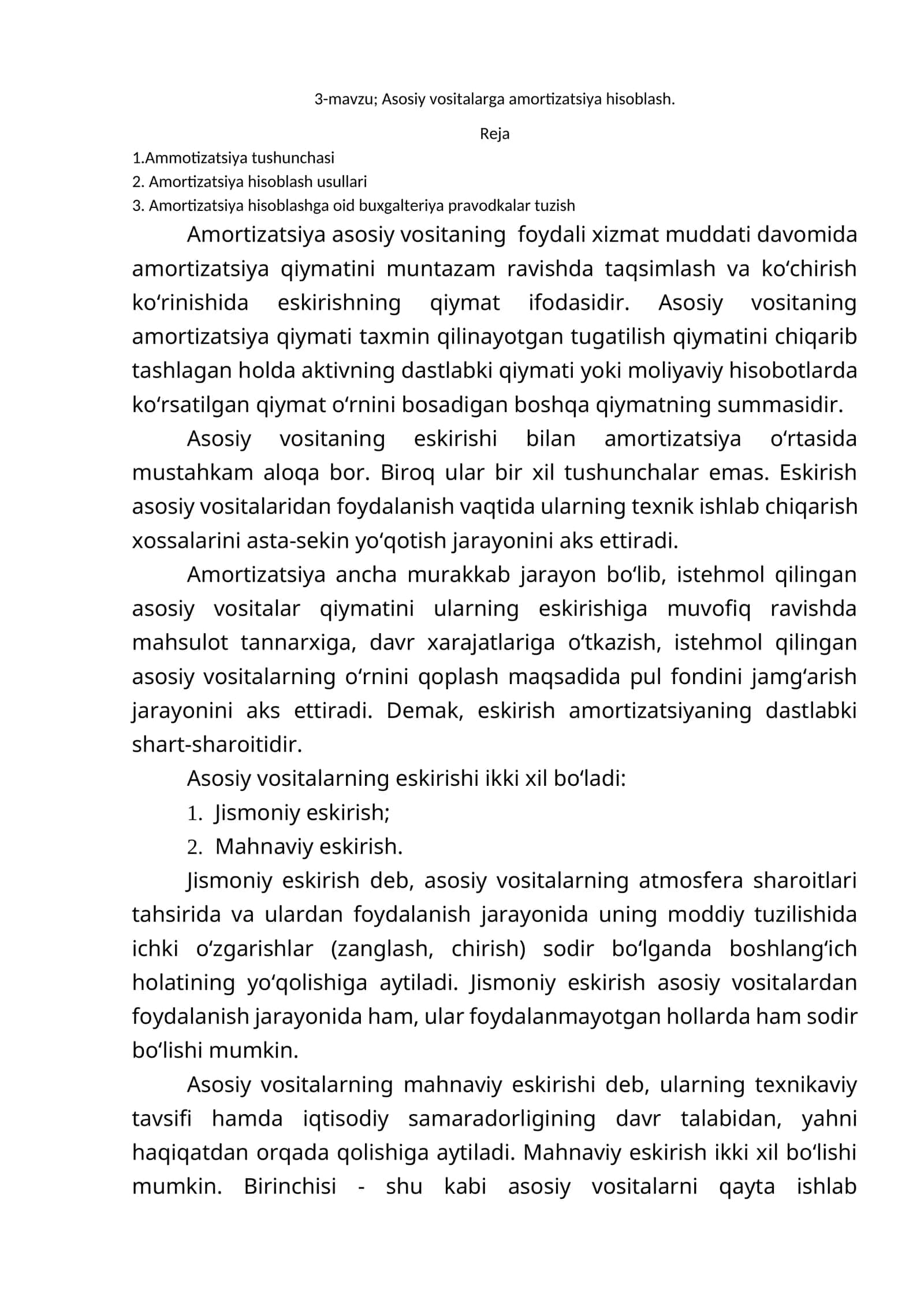 Asosiy vositalarga amortizatsiya hisoblash