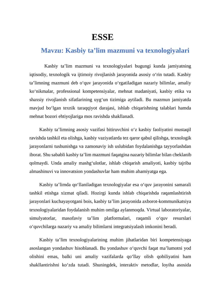 Kasbiy taʼlim mazmuni va texnologiyalari