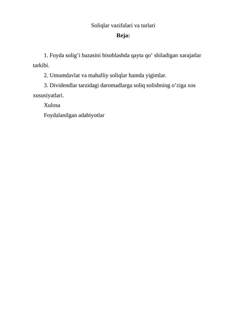 Soliqlar vazifalari va turlari