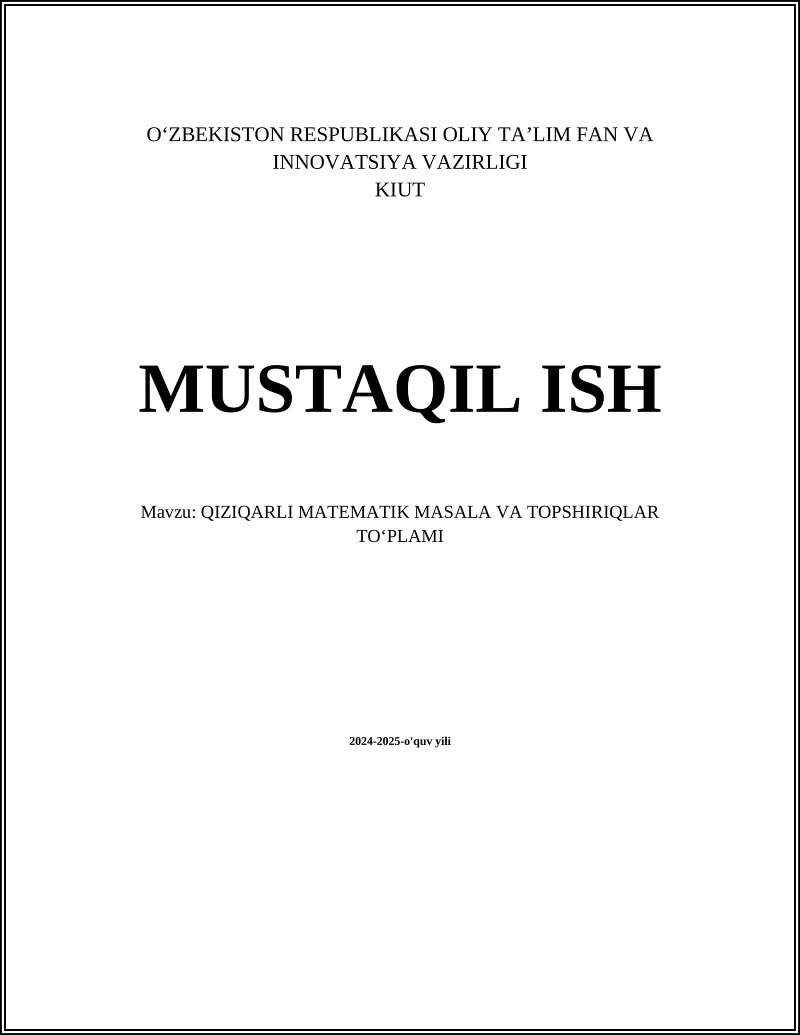 QIZIQARLI MATEMATIK MASALA VA TOPSHIRIQLAR TOʻPLAMI