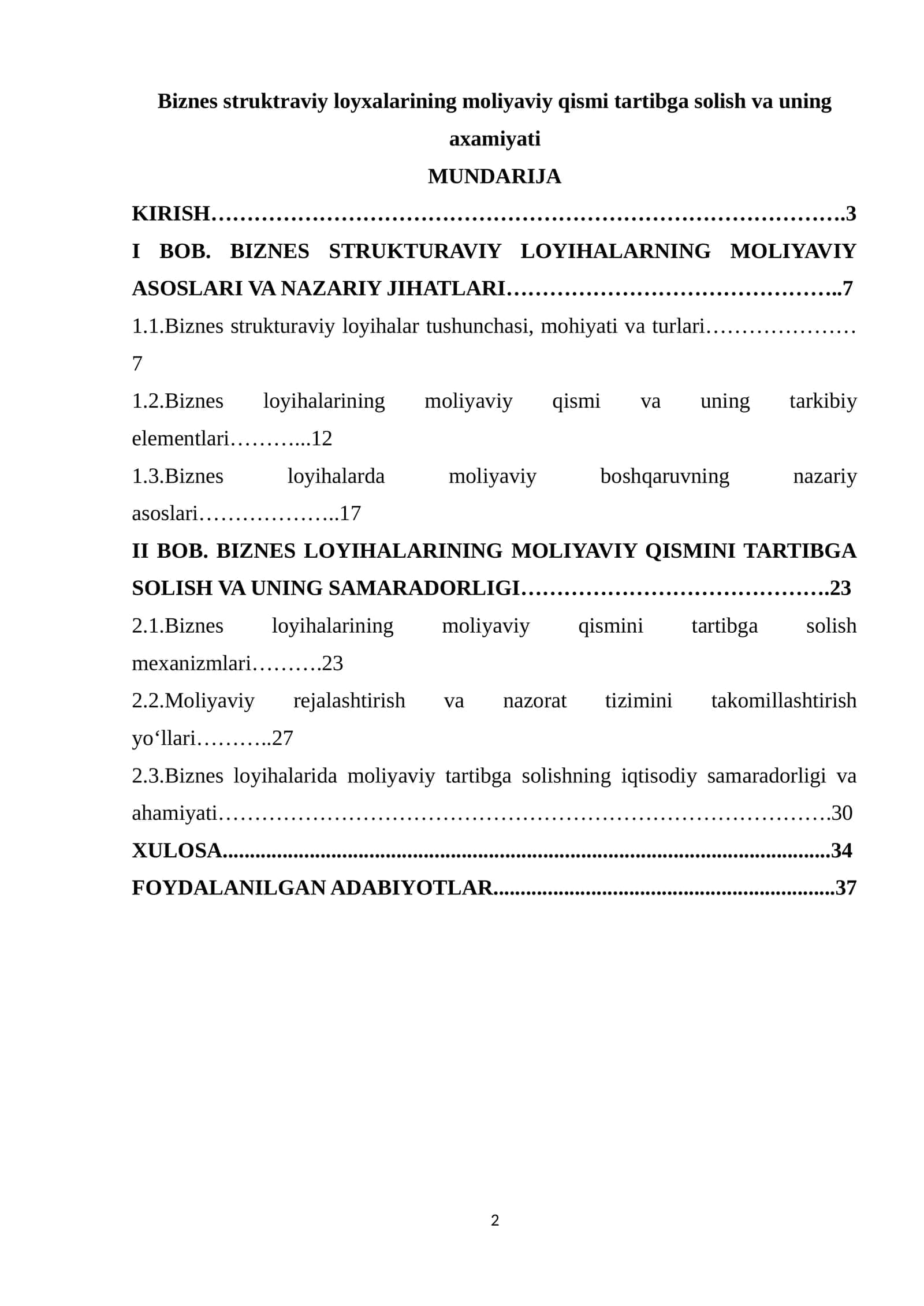 Biznes struktraviy loyxalarining moliyaviy qismi tartibga solish va uning axamiyati