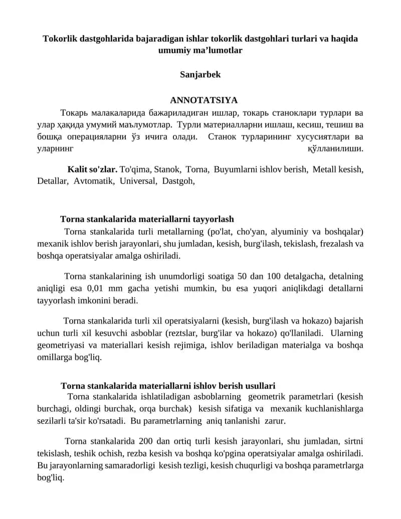 Tokorlik dastgohlarida bajaradigan ishlar tokorlik dastgohlari turlari va haqida umumiy maʼlumotlar
