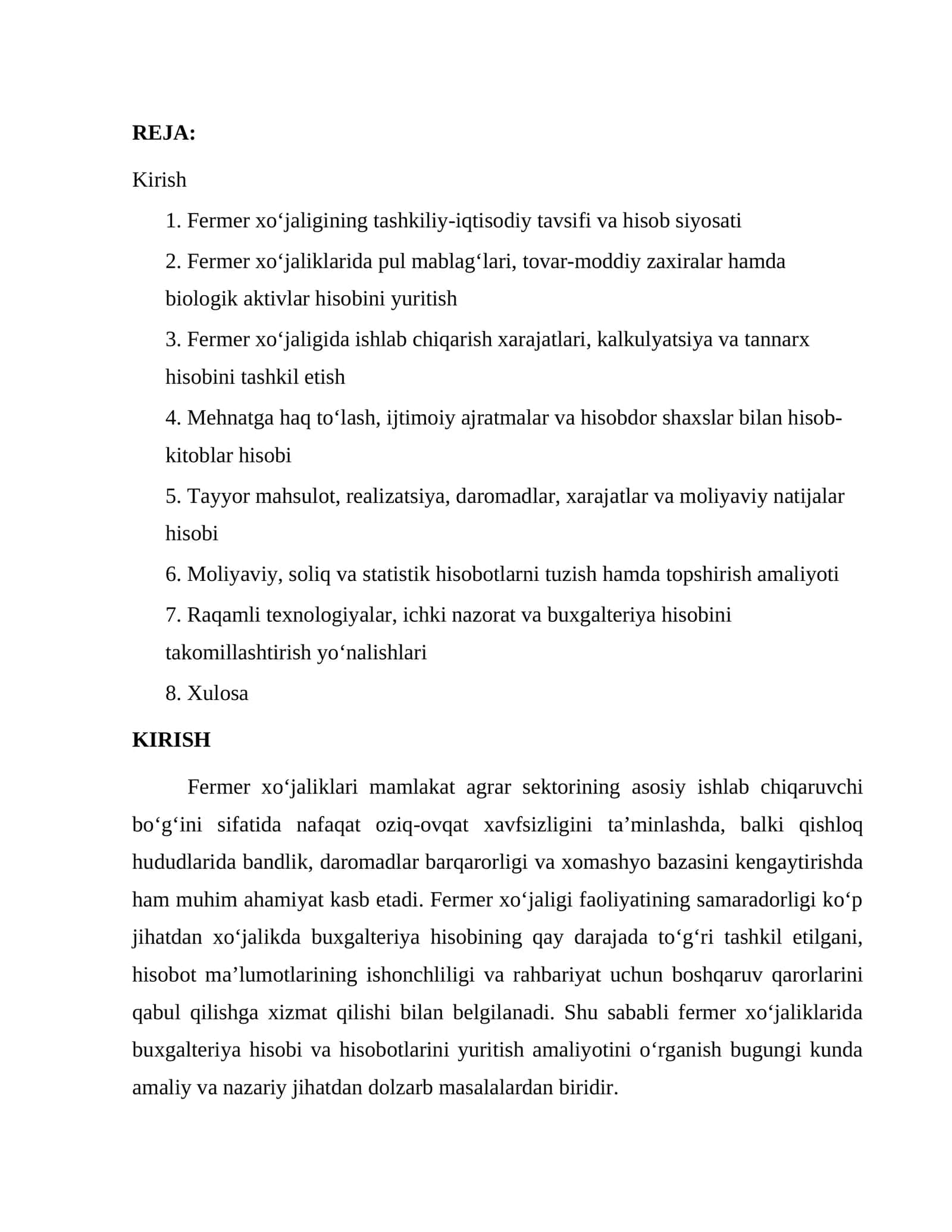 fermer xo'jaligi amaliyot hisoboti