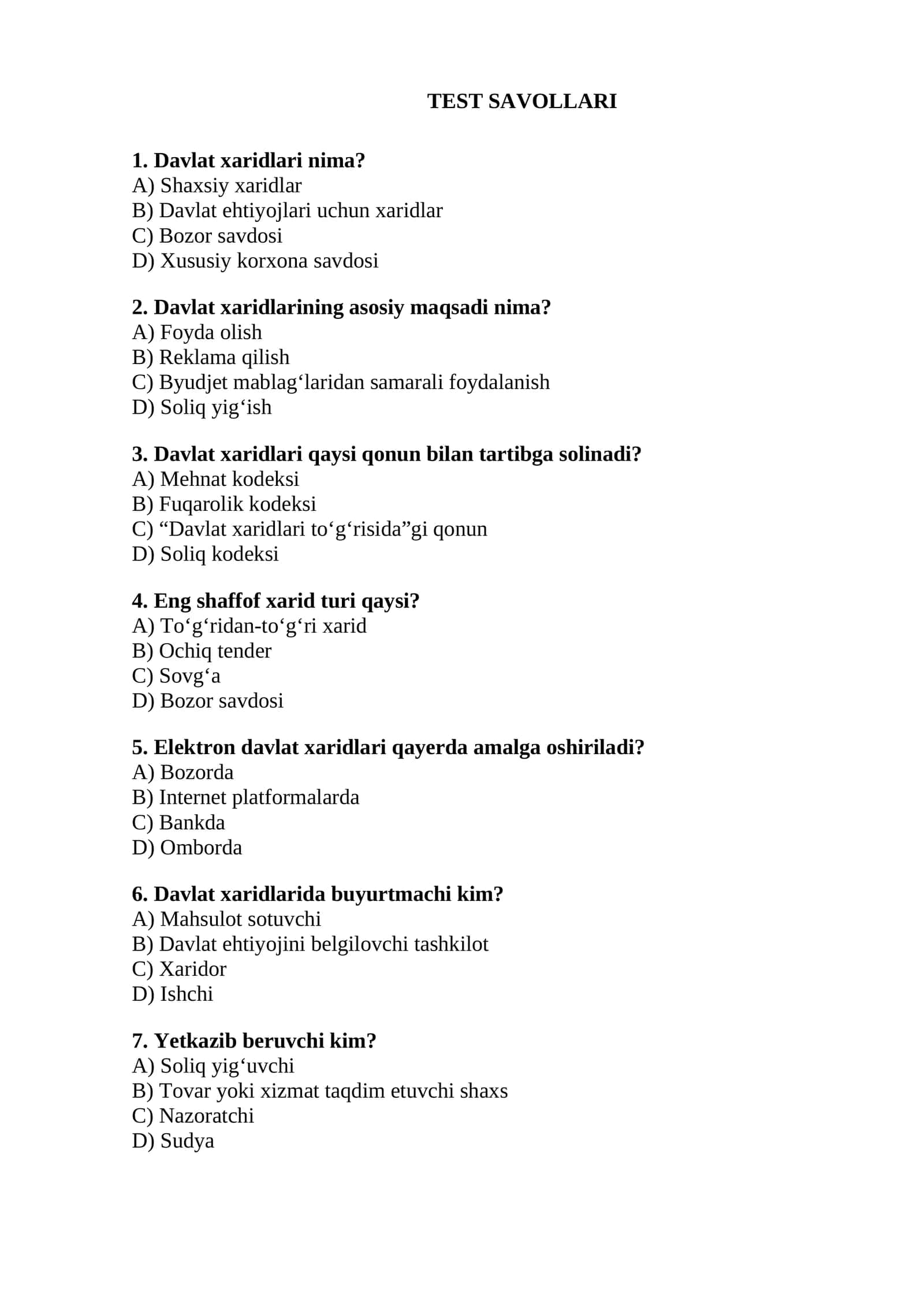 Davlat xaridlari fanidan TEST SAVOLLARI