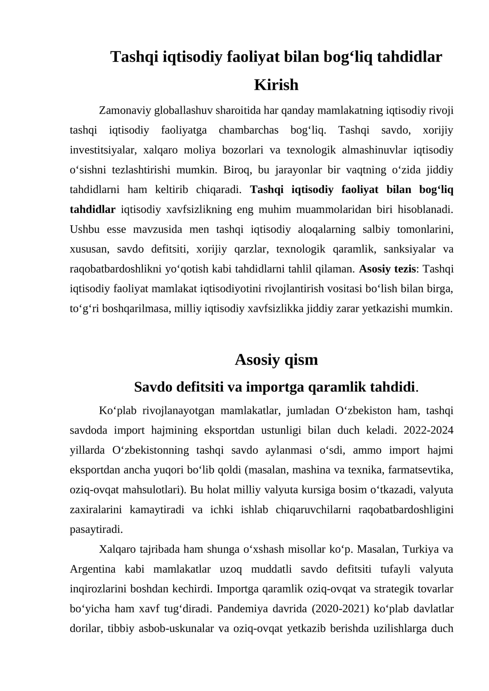 Tashqi iqtisodiy faoliyat bilan bog‘liq tahdidlar