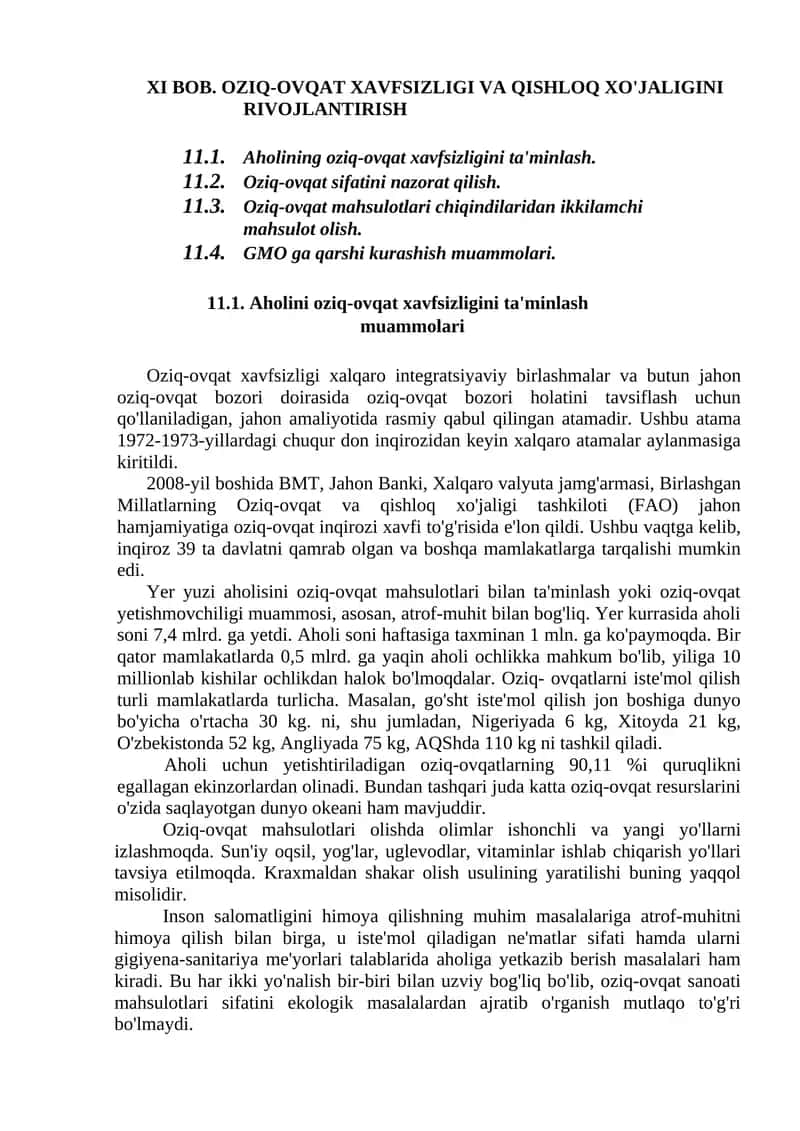 OZIQ-OVQAT XAVFSIZLIGI VA QISHLOQ XO'JALIGINI RIVOJLANTIRISH