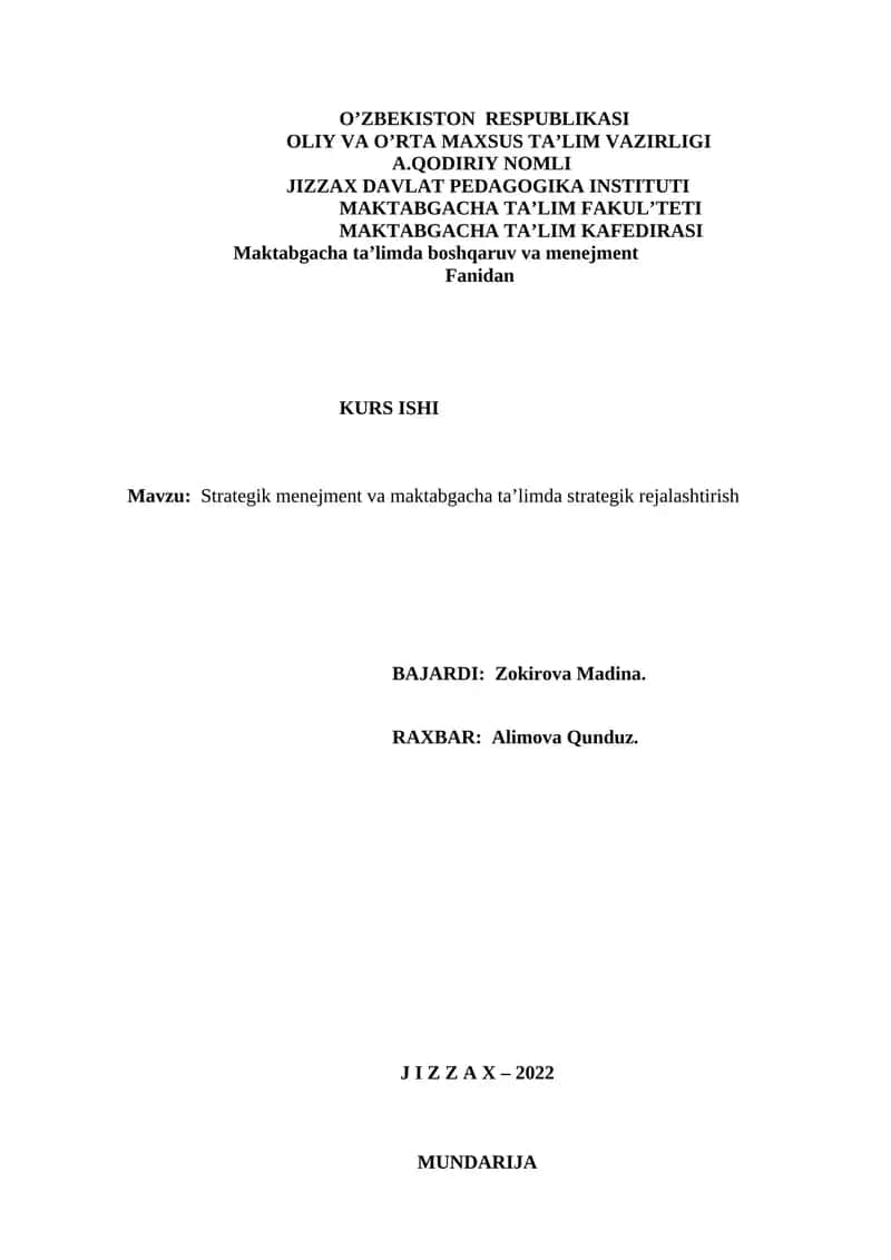 Strategik menejment va maktabgacha ta’limda strategik rejalashtirish