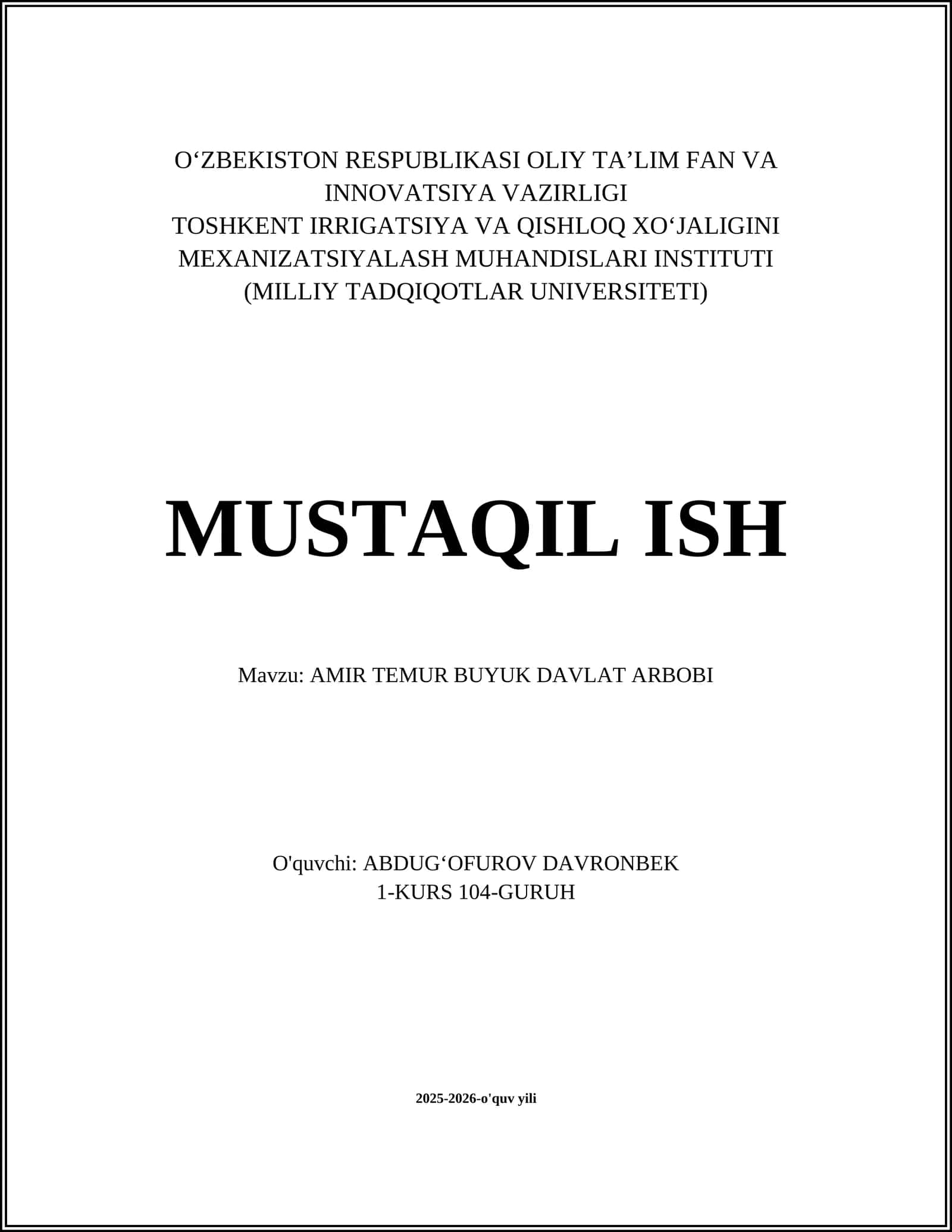 AMIR TEMUR BUYUK DAVLAT ARBOBI